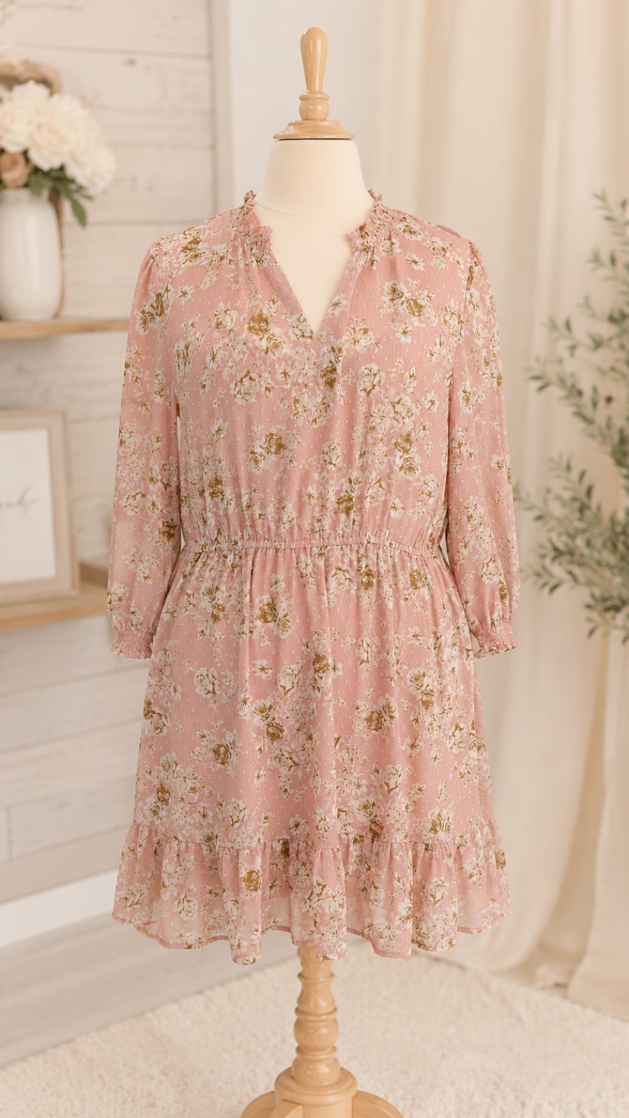Ophelia Roe Pink Floral Long Sleeve Semi Sheer Lined Ruffle Dress Short Sz 2X