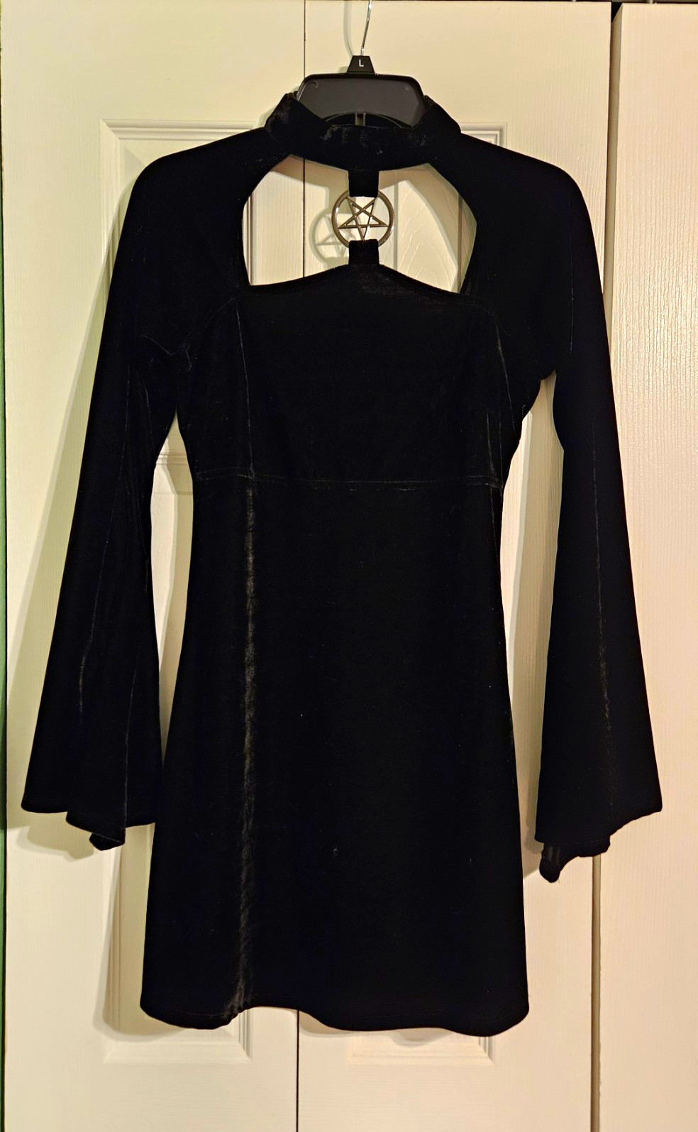 Killstar Black Velvet High Neck Cut-Out Ring Bell Sleeve Mini Dress Size S