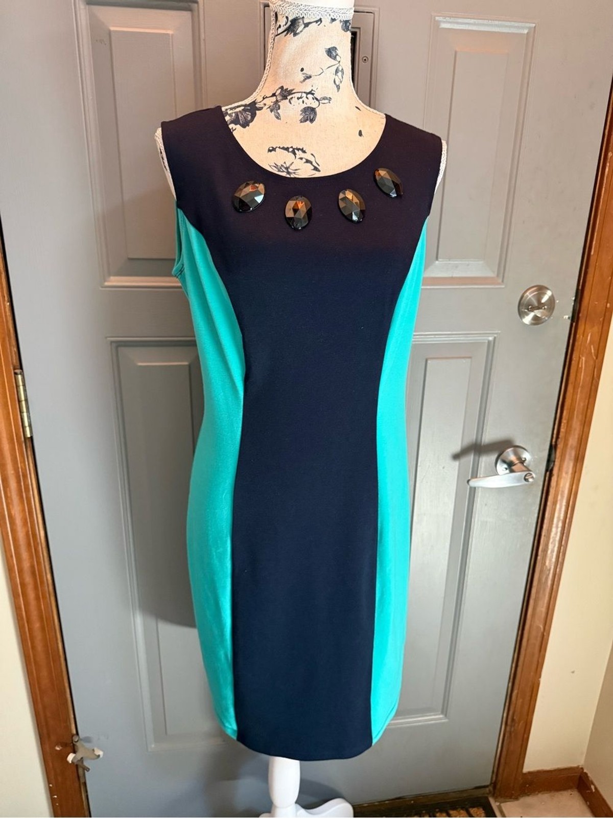 Enfocus Studio-Navy and Teal Jewel-Accent Sheath Midi Dress-slimming!