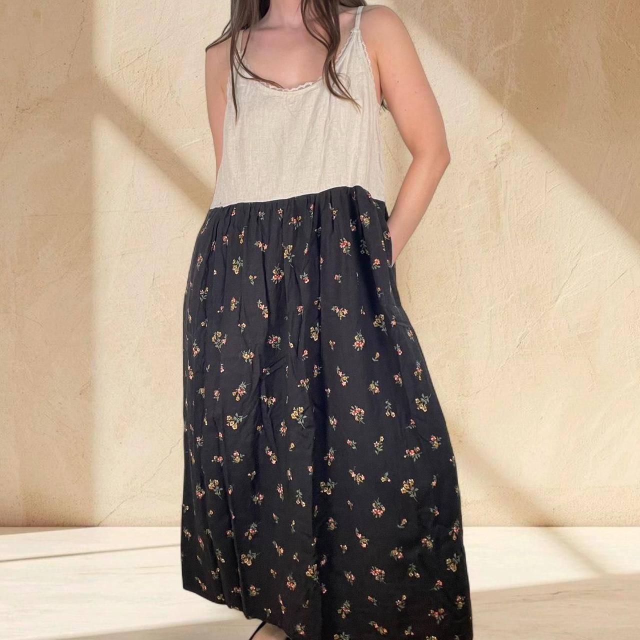 Vintage 90s Cream Black Floral Boho Sleeveless Maxi Dress Cottagecore Size M