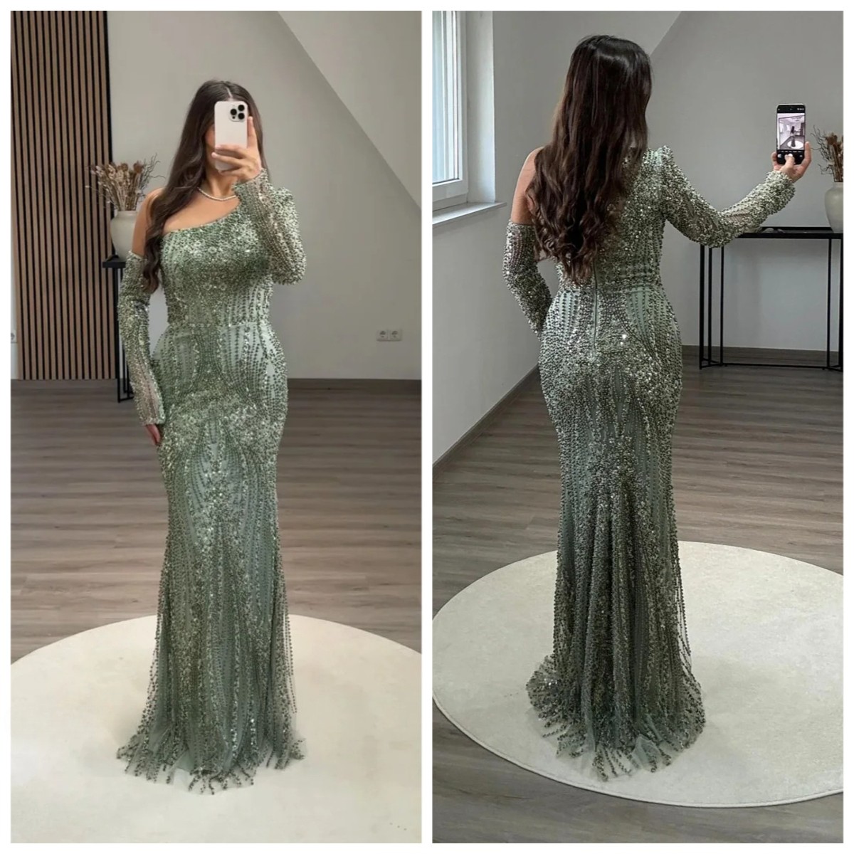 Luxury Shoulder Ball Gown Party Dress Bead Gem Sparkle Long Sleeve Evening Dress