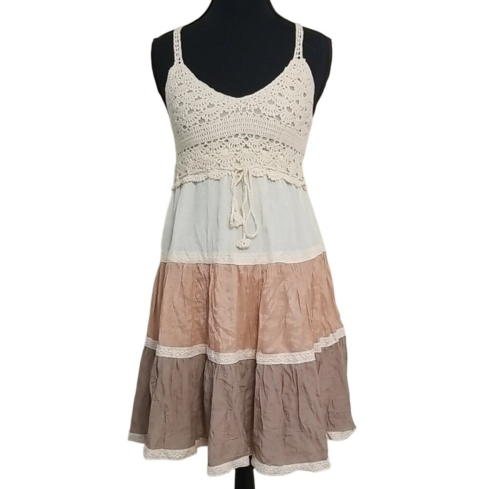 NWT Colorblock Casual Flowy Crochet Lace Dress Cottagecore Boho Coastal Earthy L