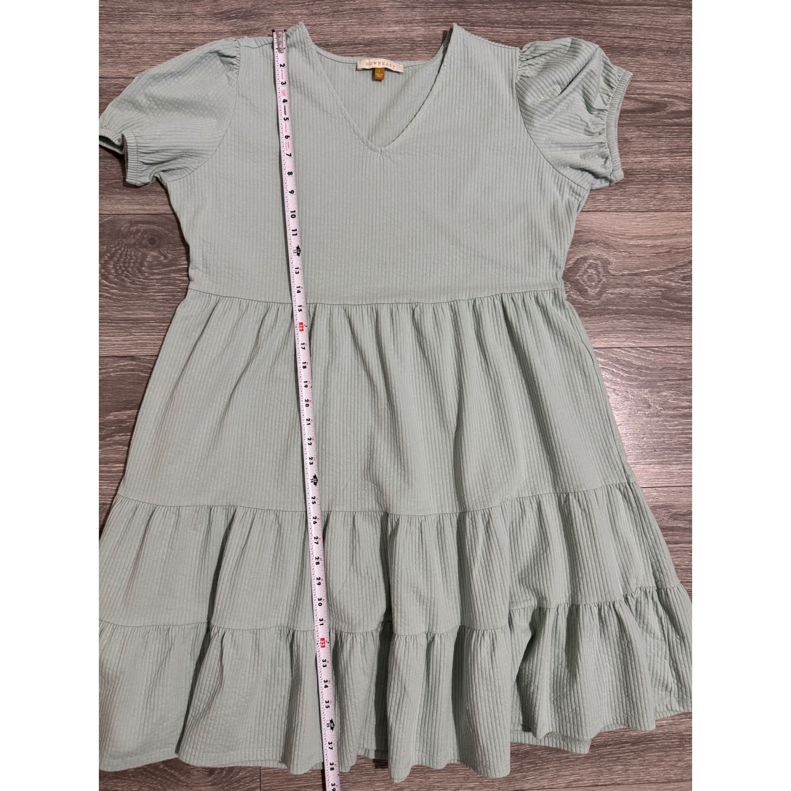 Downeast Cotton Blend Dress Size L Sage Green Ribbed Tiered Babydoll Mini Dress