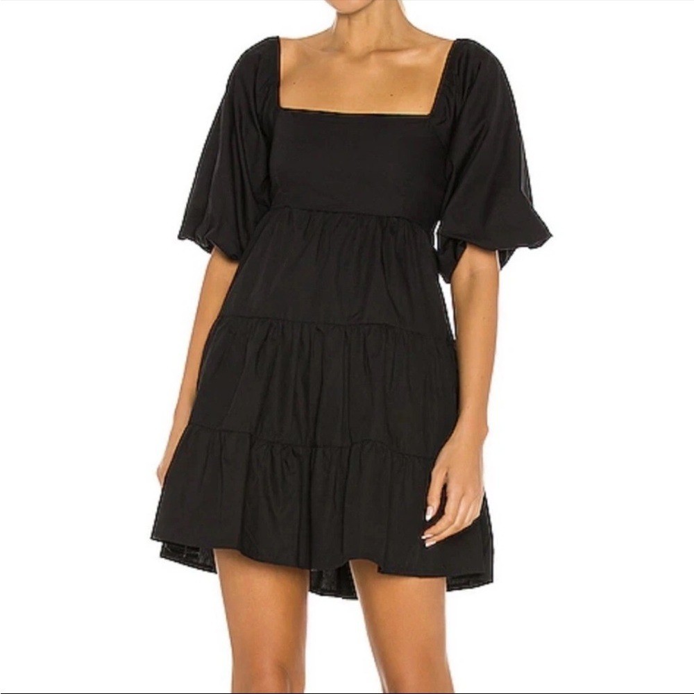 Faithfull the Brand Medium Eryn Black Tiered Puff Sleeve Mini Dress Womens M