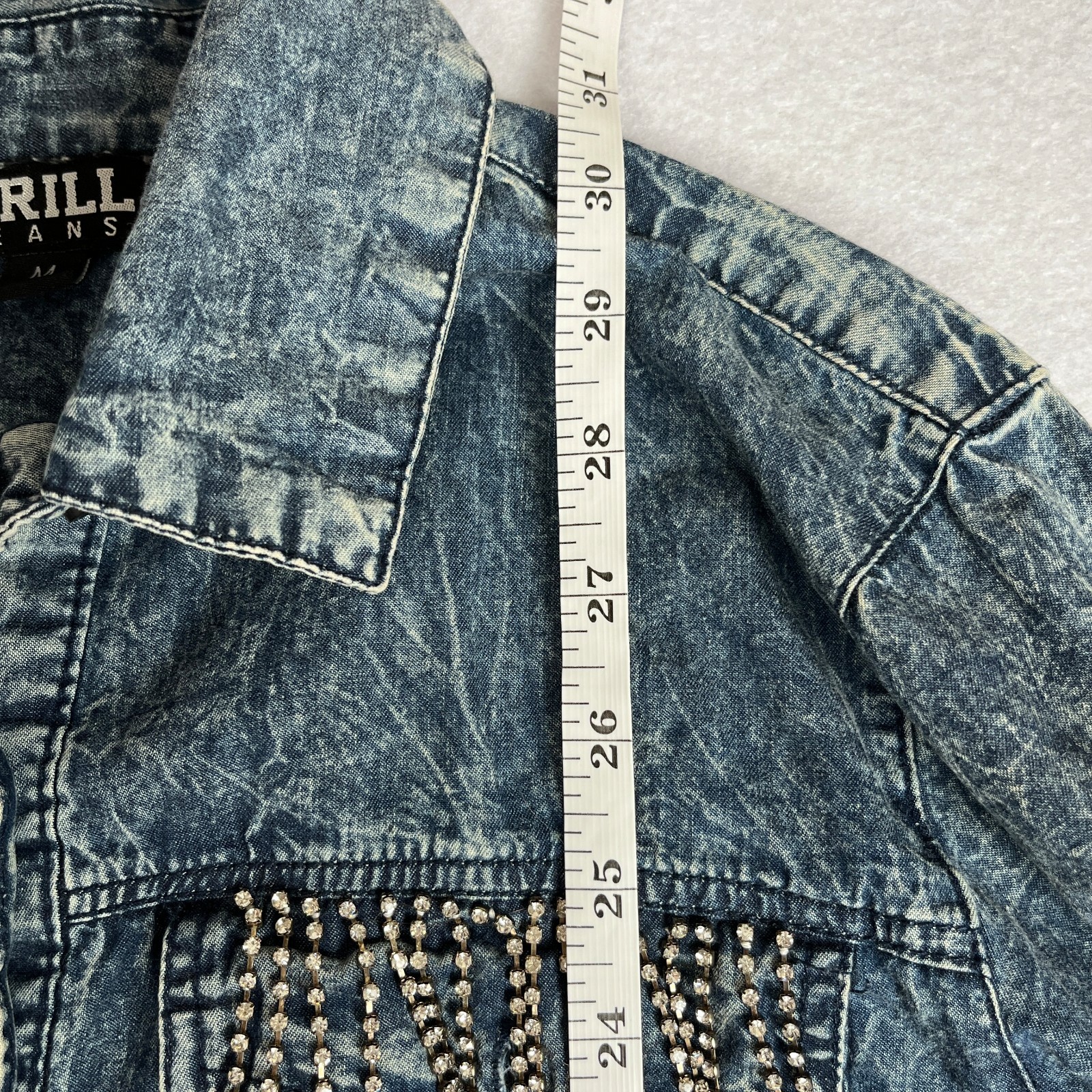 THRILL Distressed Denim Shirt Dress Women’s M Acid Wash Rhinestone Y2K Grunge