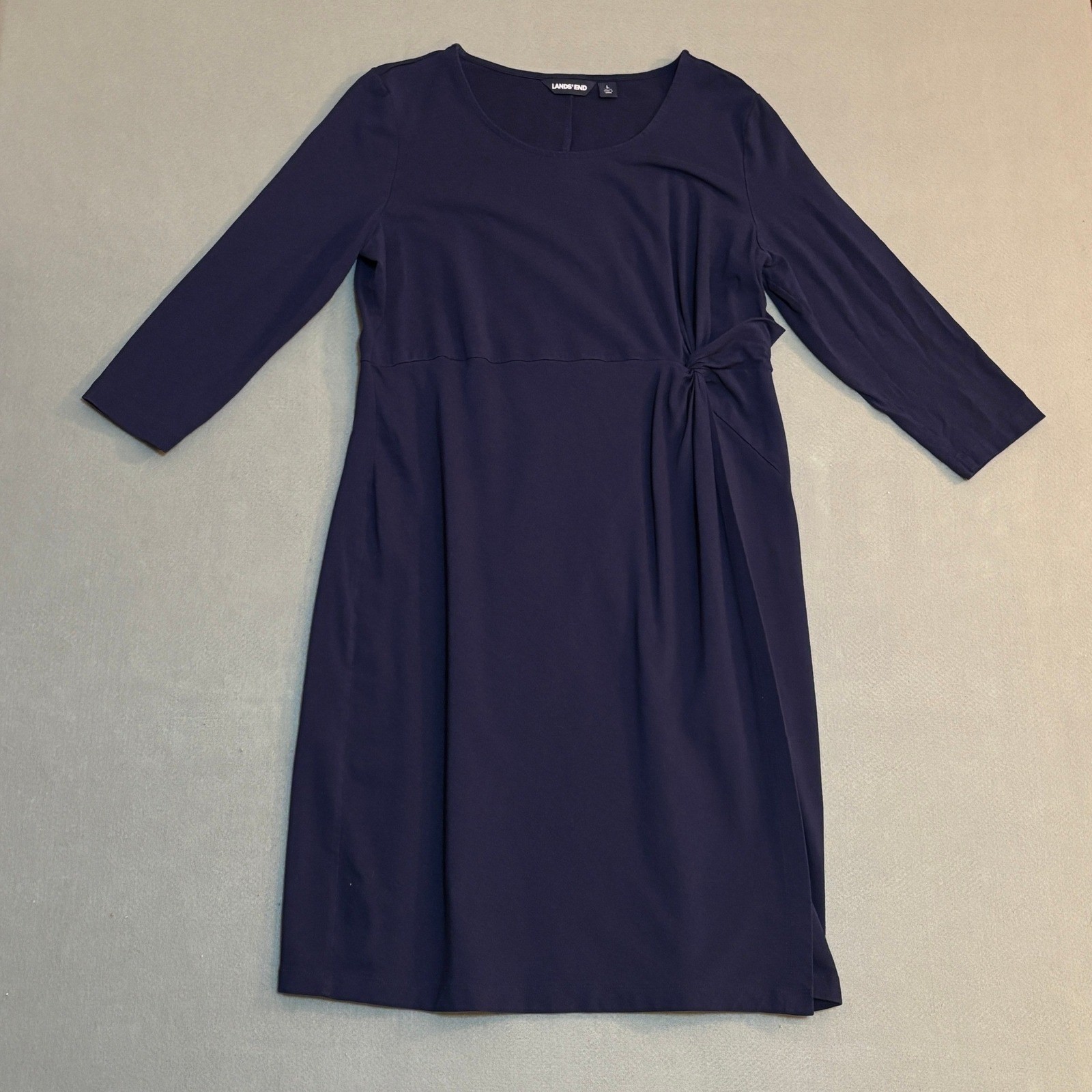 Lands End Navy Blue Pima Cotton Modal Side Knot Faux Wrap Dress Womens L 14-16