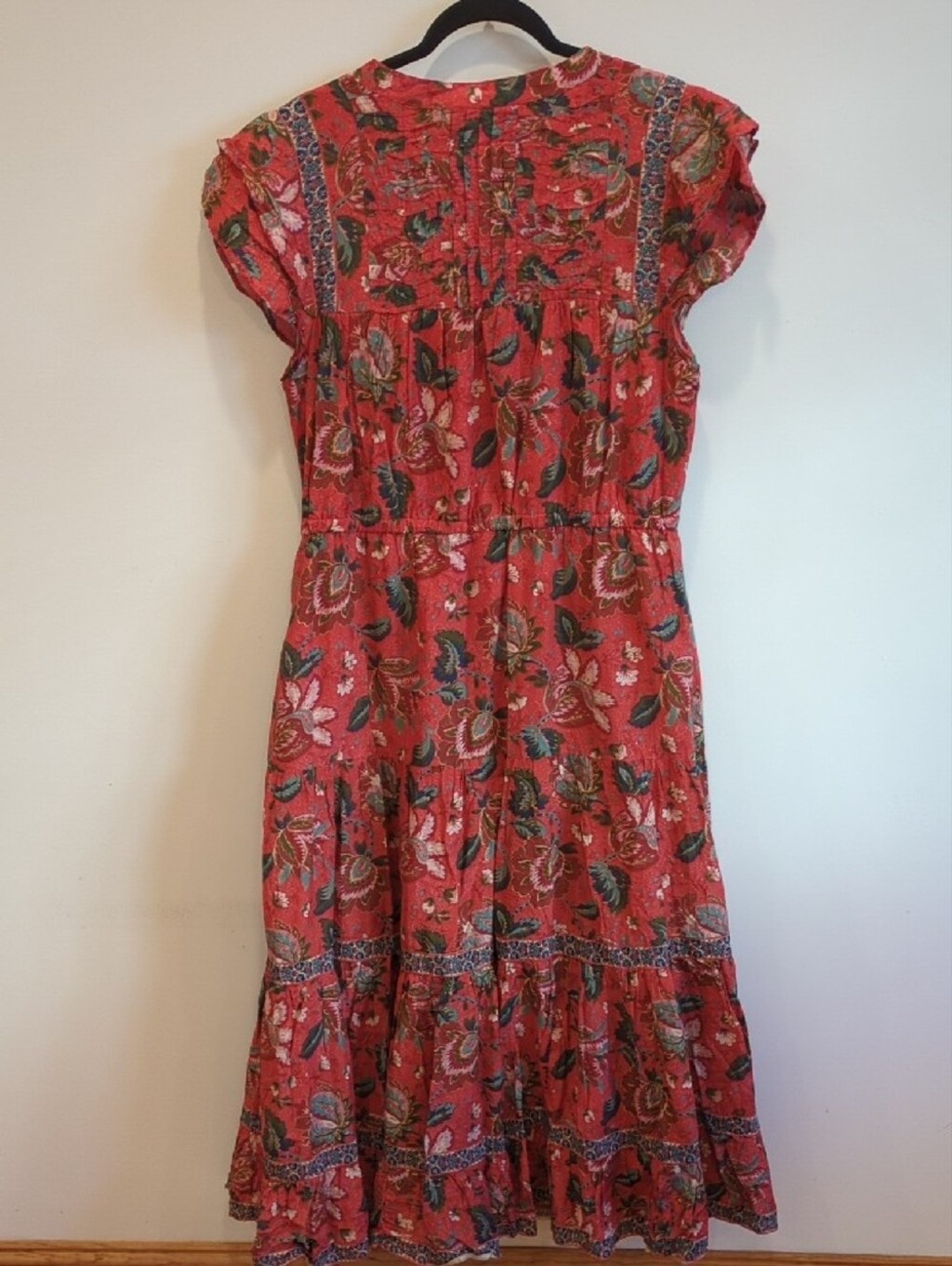 Western Boho Whimsy Cottage Sundance Red Blue Floral Maxi Dress Size Large EUC