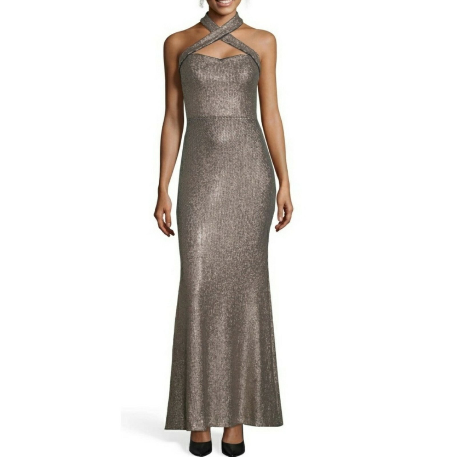Xscape allower sequin glitter crisscross halter gown maxi dress size 4 brown NWT