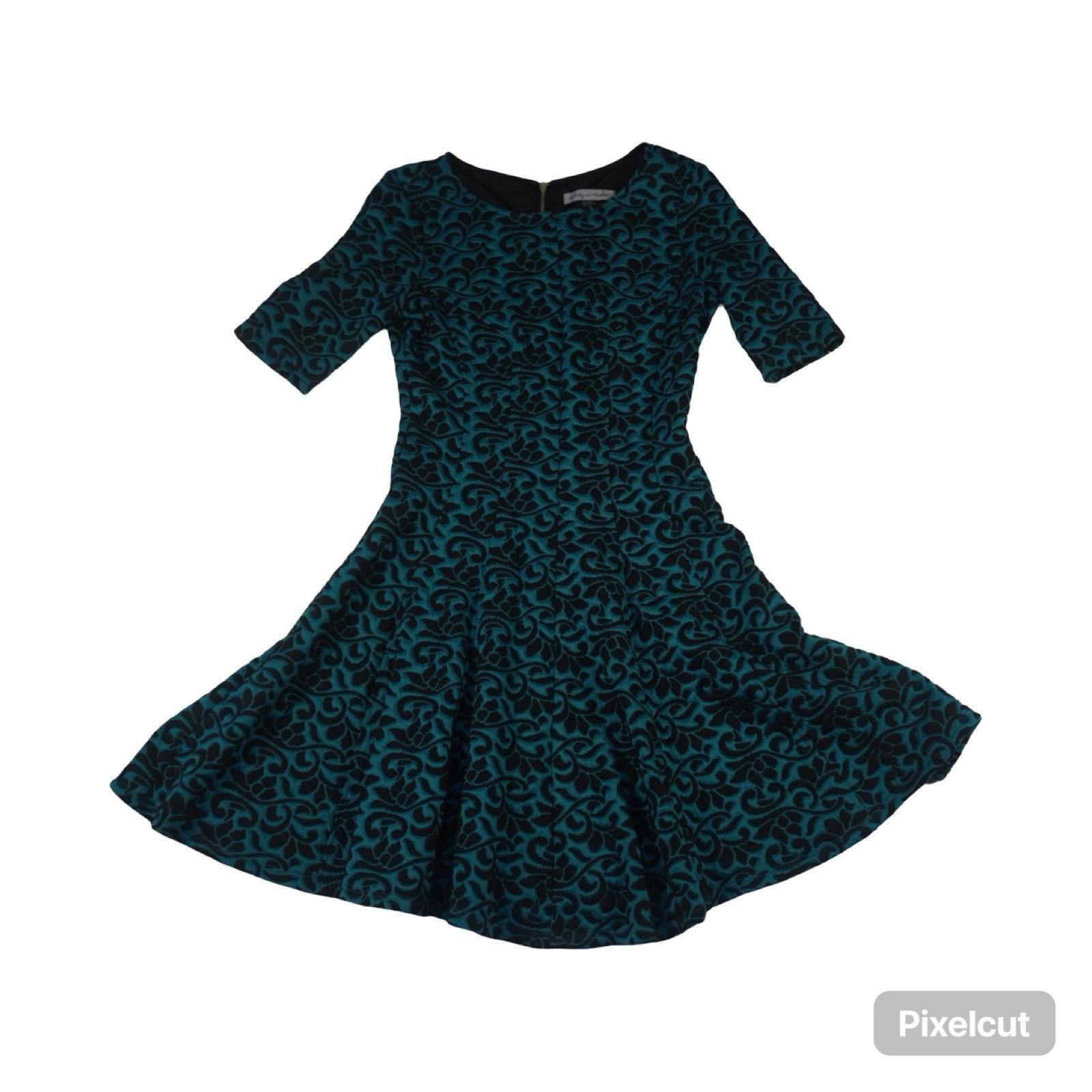 Danny & Nicole Fit & Flare Dress Womens 6 Green Black Jacquard Half Sleeve Party