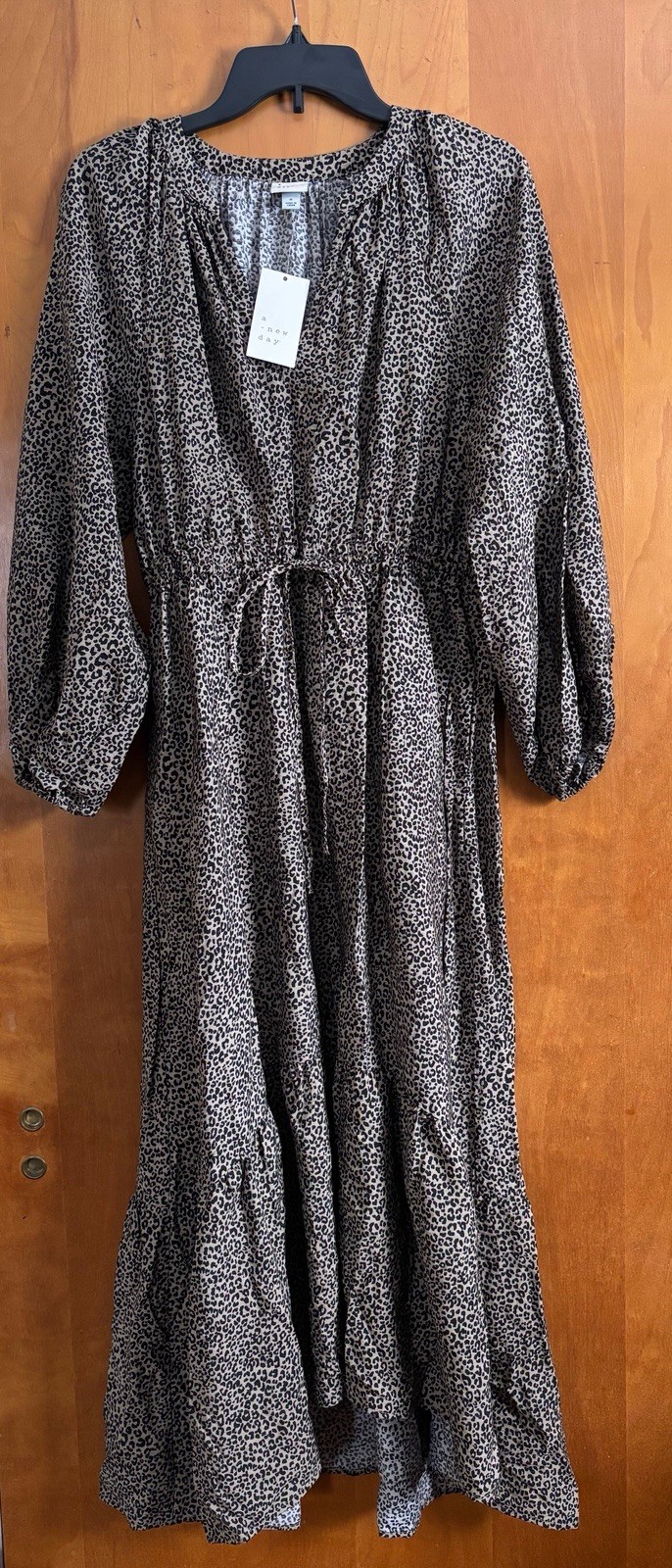 Women’s Balloon Long Sleeve Tiered Midi Dress – A New Day Brown Leopard Print sz
