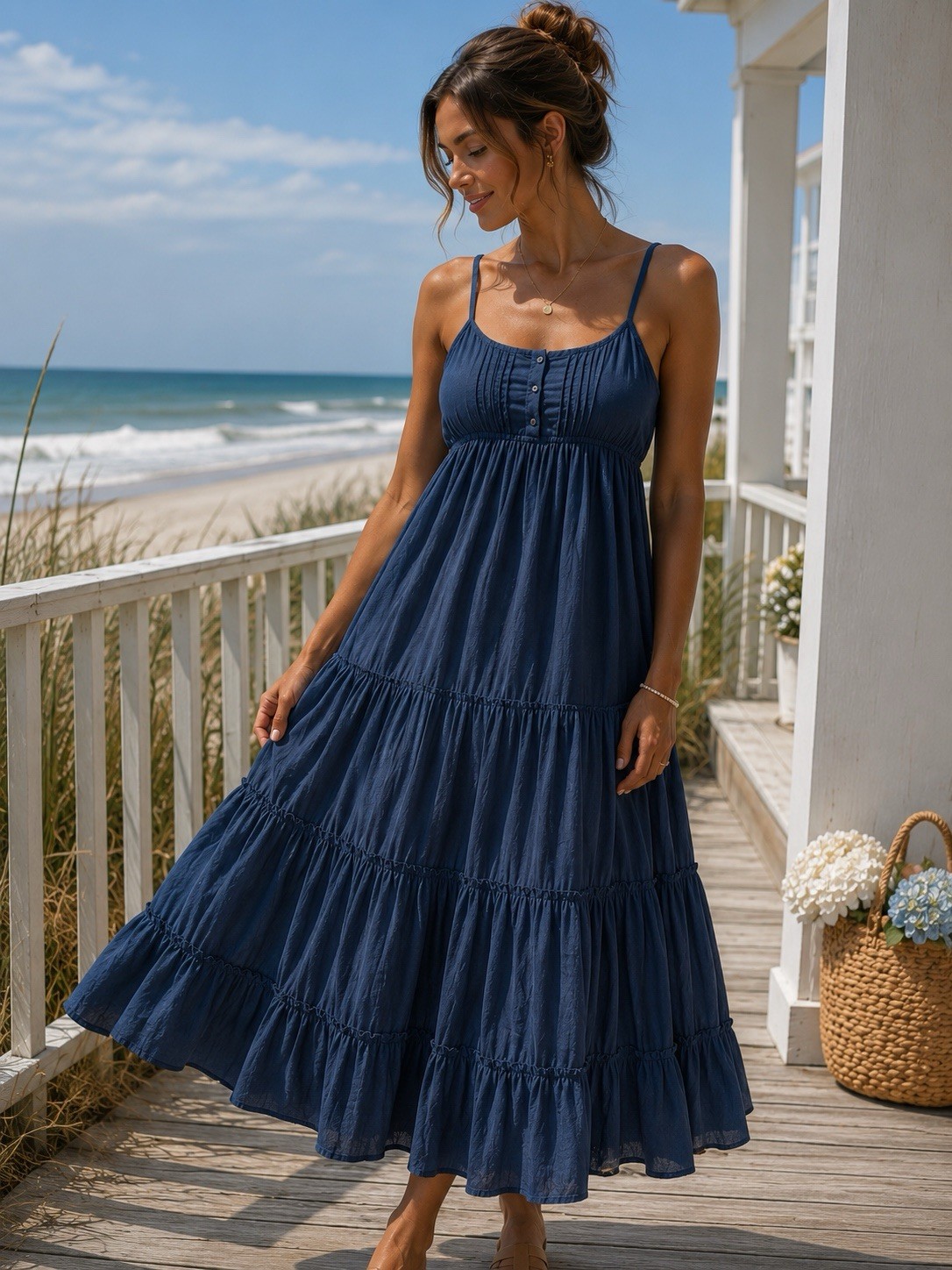 Runway Coastal Tiered Cami Midi Dress Navy Blue Lined Cotton Size L