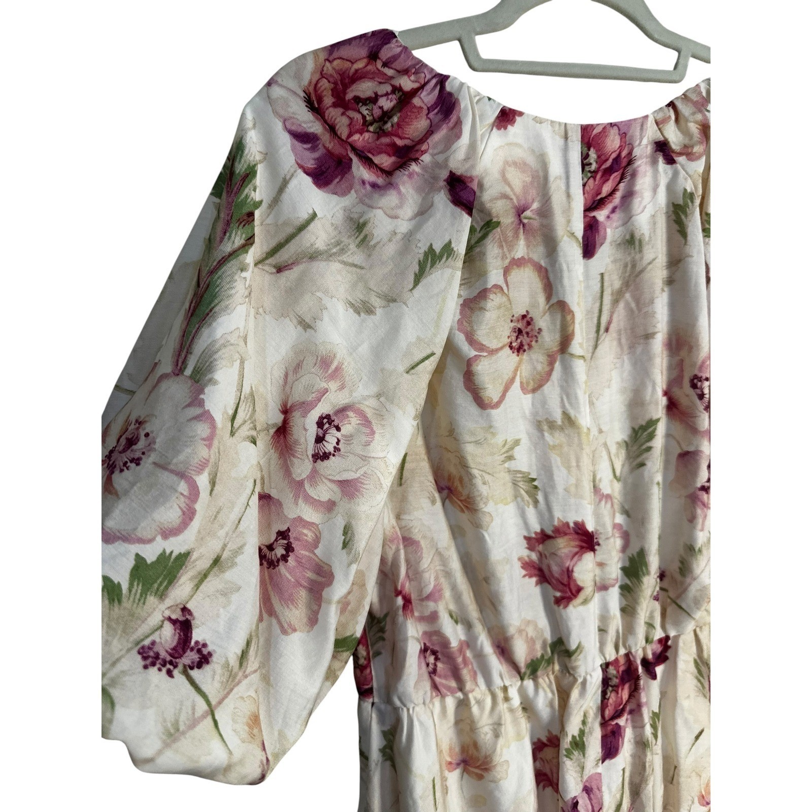 HM Floral Puff Sleeve Mini Dress V-Neck Front Pink Purple Cream Womens Size M