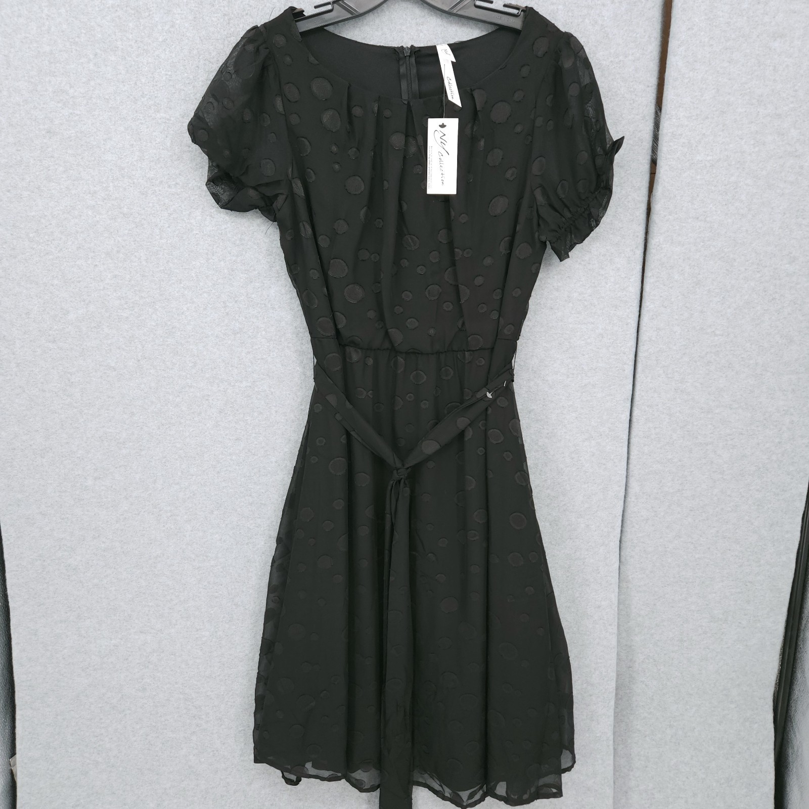 NY Collection Elbow Sleeve Swiss Dot Black Belted Dress Womens Size PL NWT