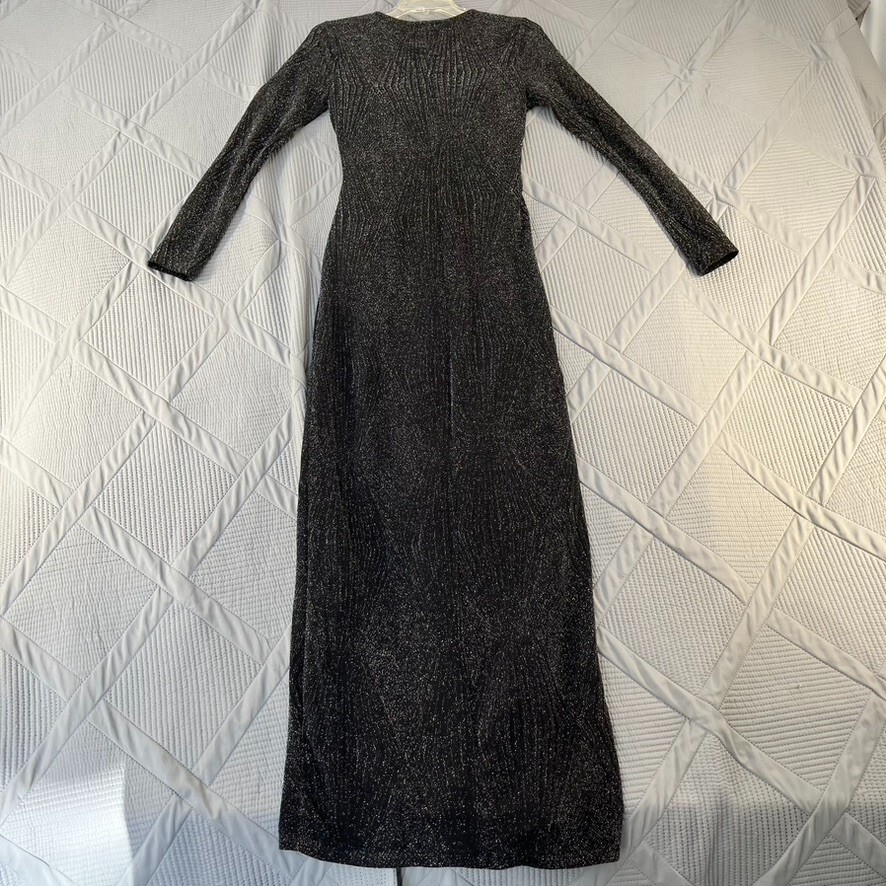 TRIXXI Black Silver Shimmer Chevron Long Sleeve Dress Glam Size M