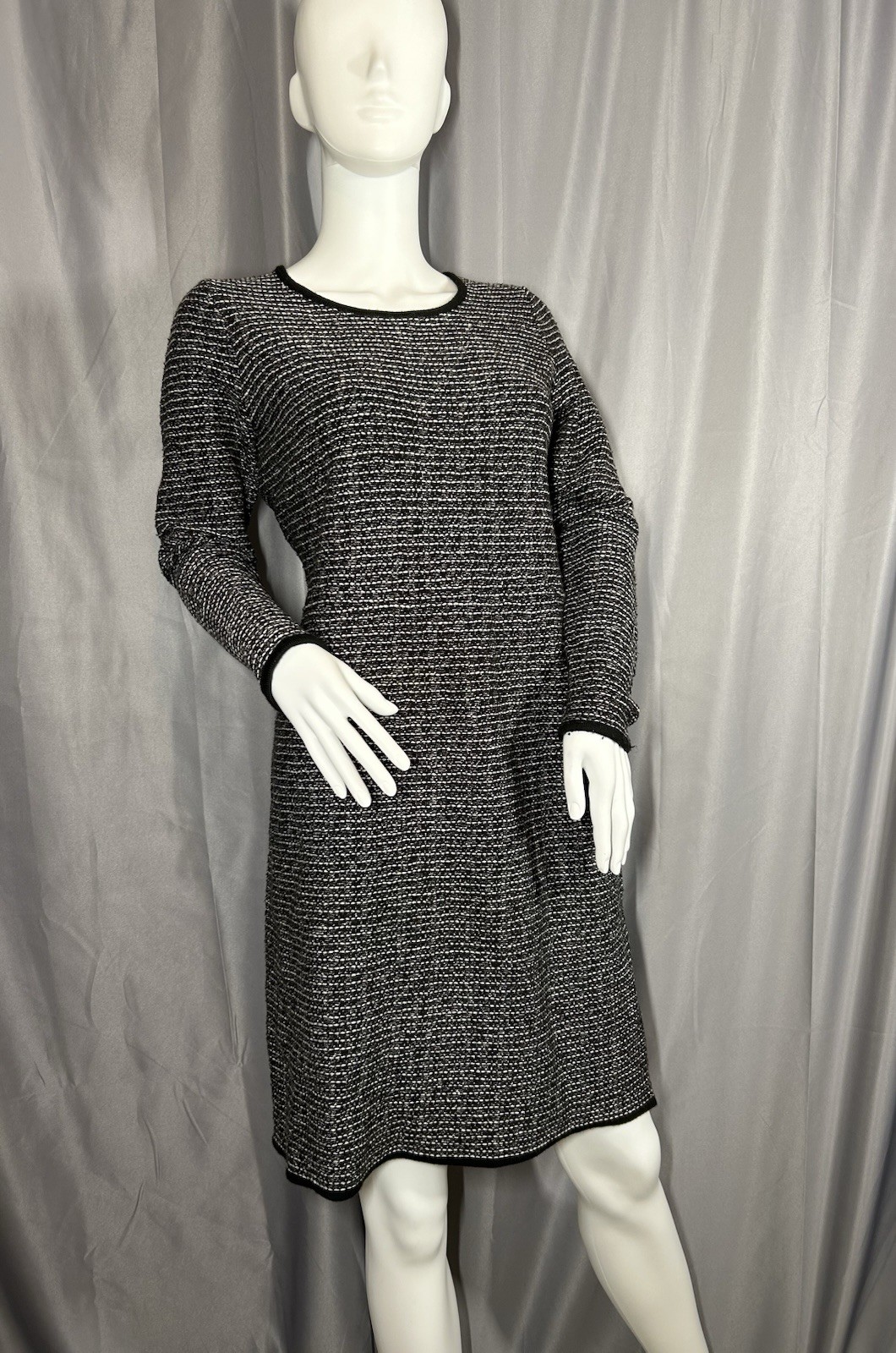 Talbots Petites Women’s Tweed Wool Linen Blend Black Gray Sweater Dress Size M