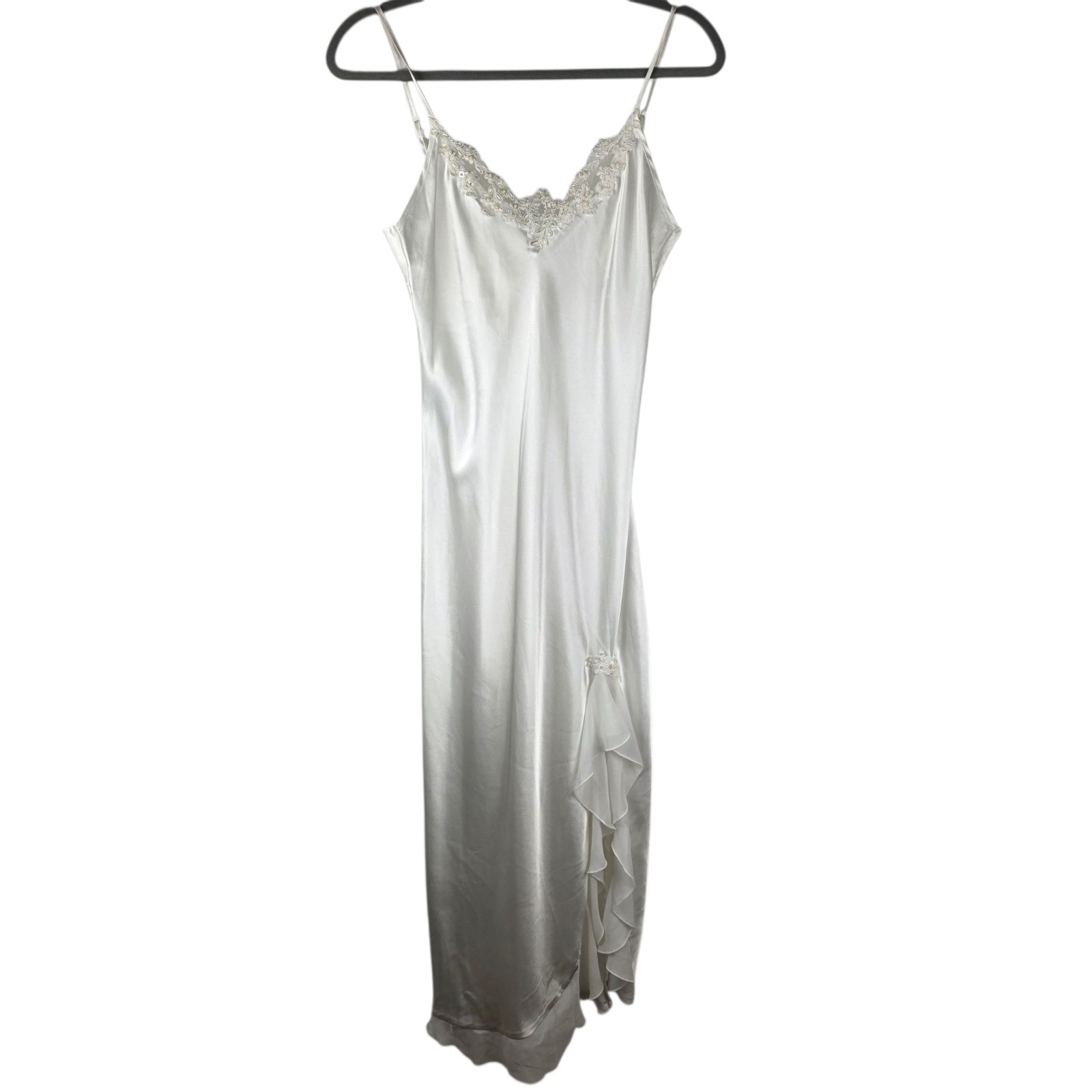 Linea Donatella Satin Maxi Slip Dress S Ivory Lace Ruffle Bridal Y2K Fairy FLAW