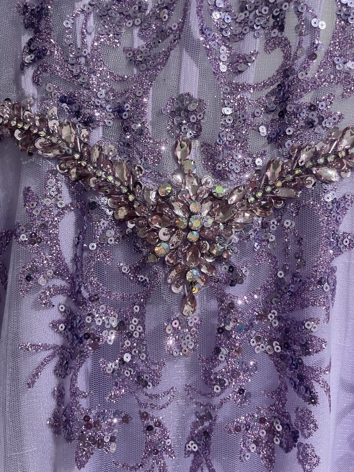 Purple Sequin Beaded Embroidered Long V-Neck Gown With Pearl Masquerade Mask
