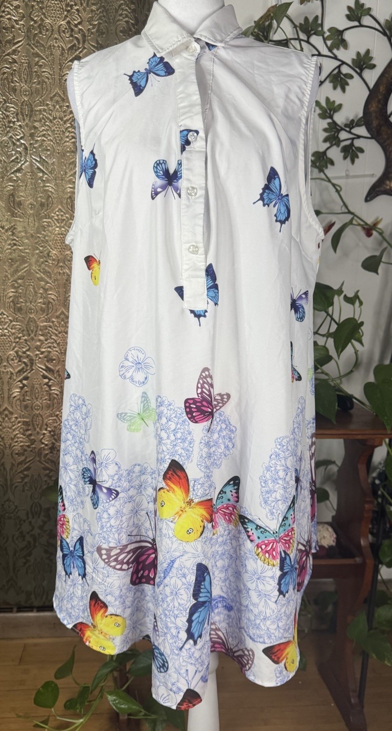 Rosegal White Butterfly Print Shirt Dress Collared Button Front Sleeveless 2X