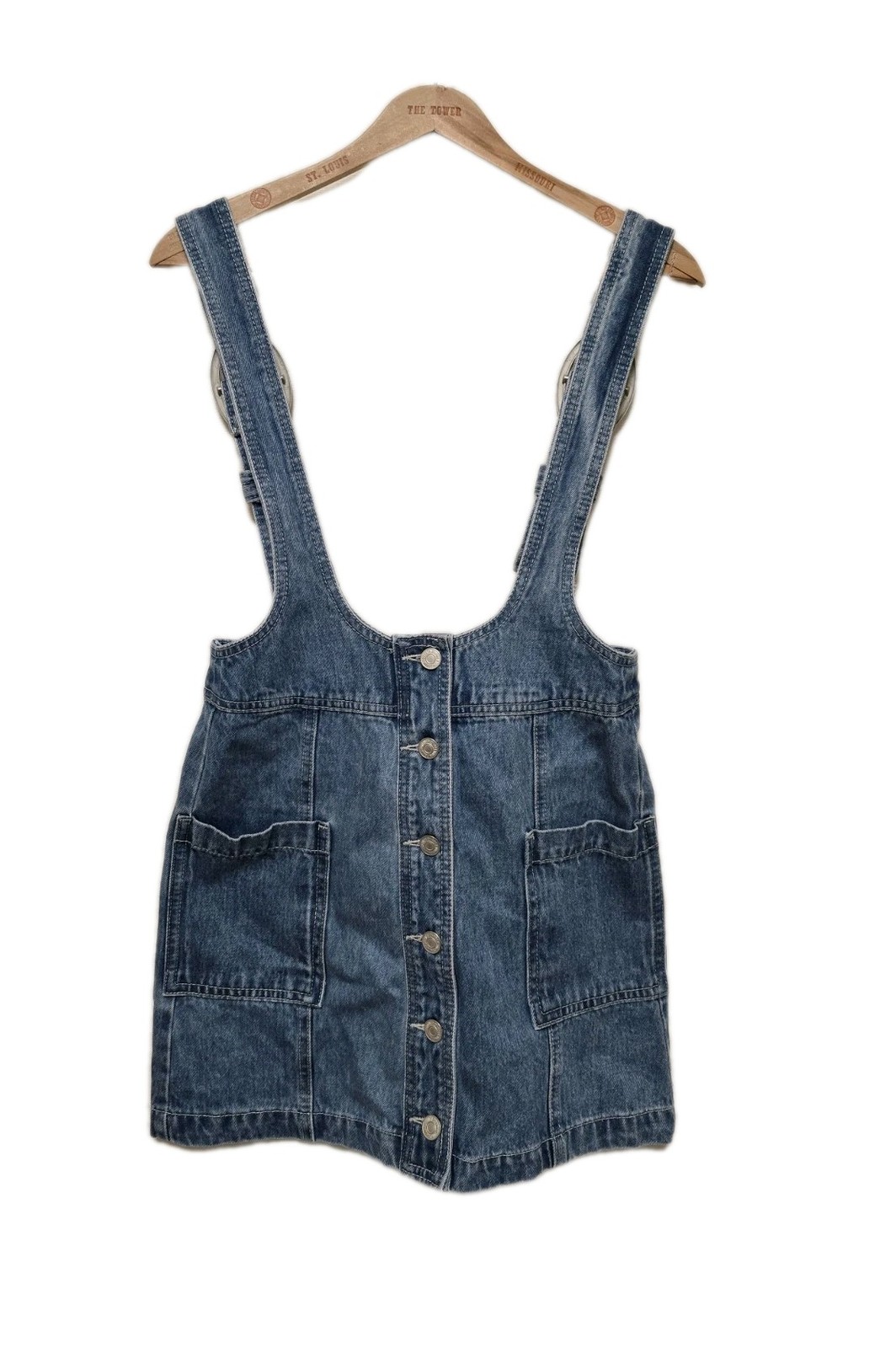 Womens Denim Overall Mini Dress Buckle Strap Button Front Size Small Forever 21