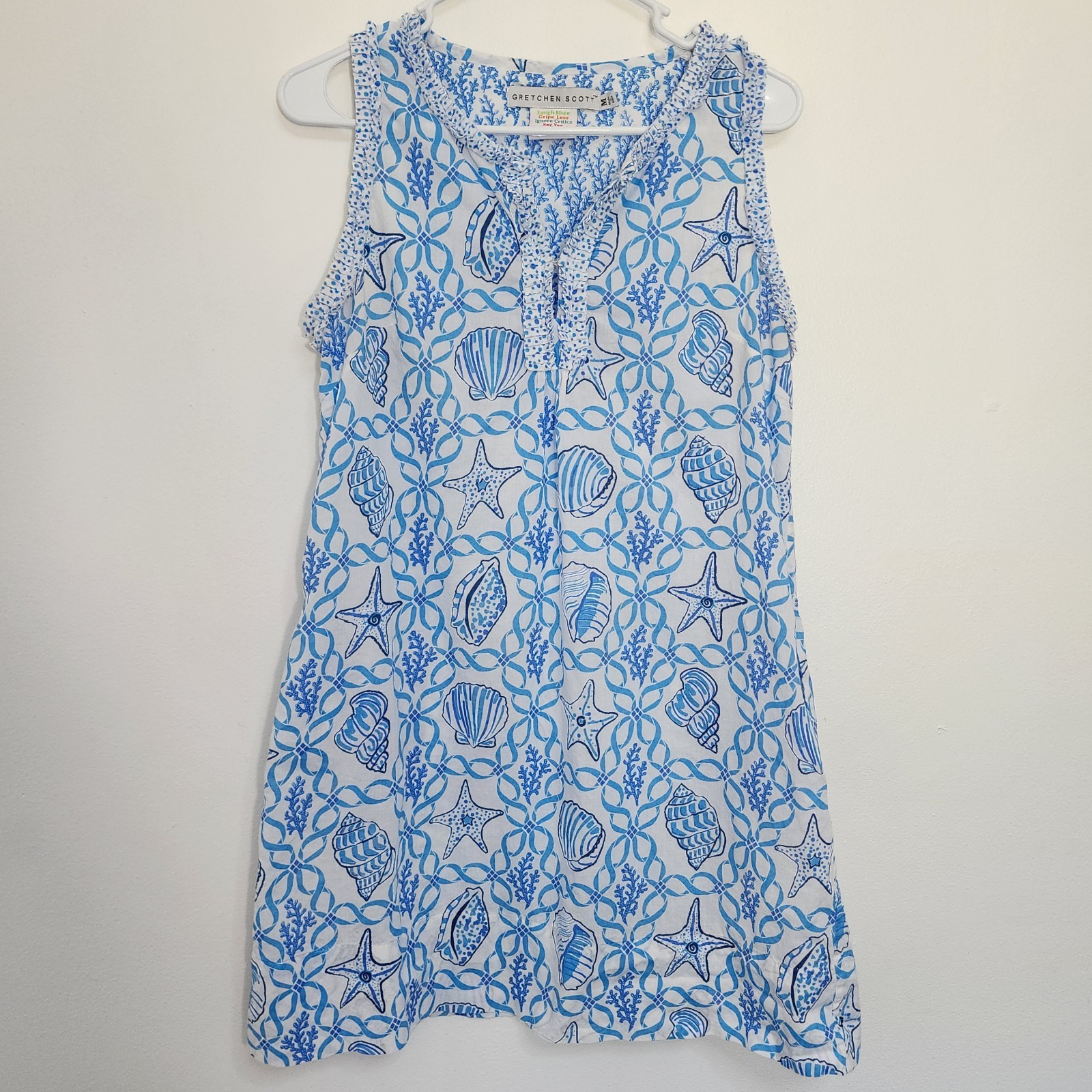 Gretchen Scott Shift Dress Blue Sea Life Sleeveless Pullover Pockets Sz M Beachy