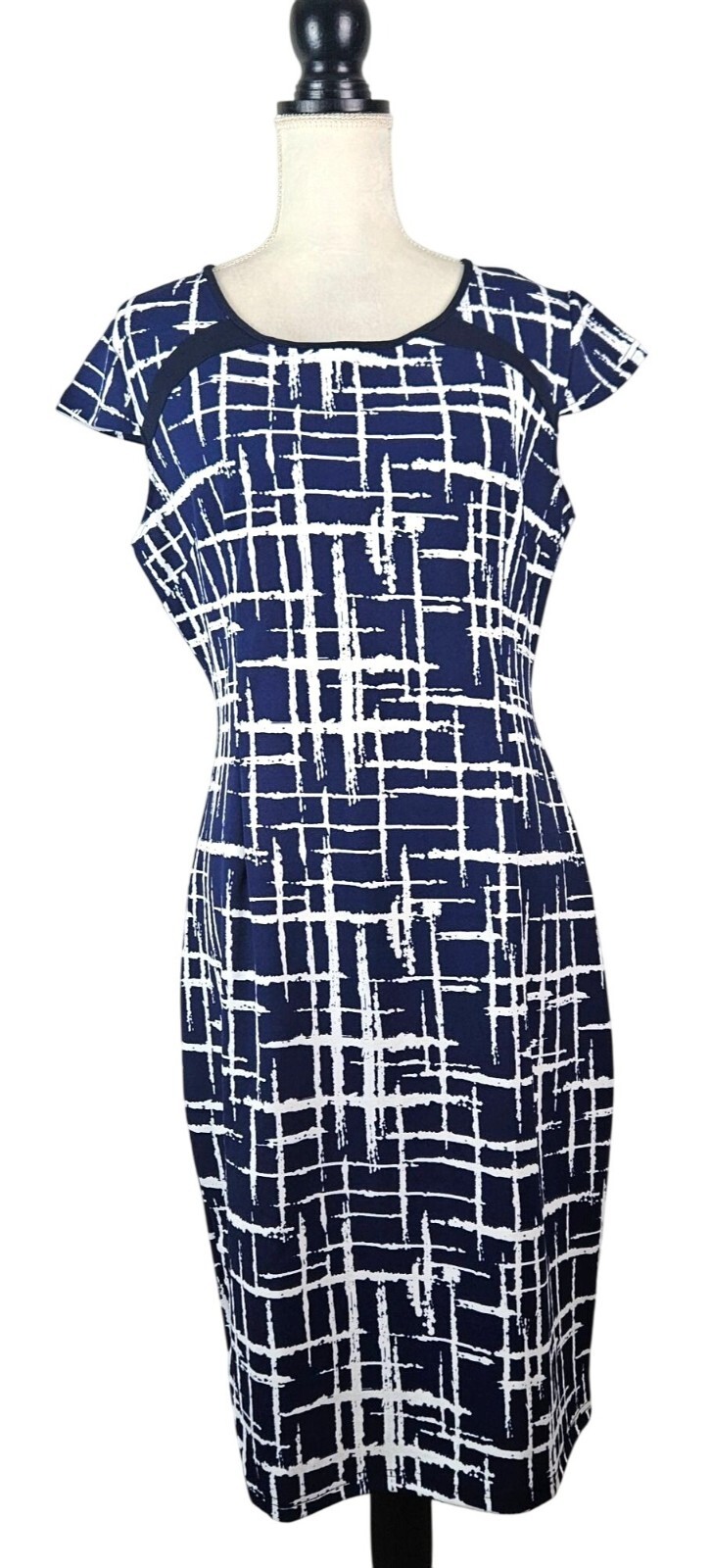 Womens Large Navy & White Abstract Print Sheath Dress Scoop Neck Casual Office