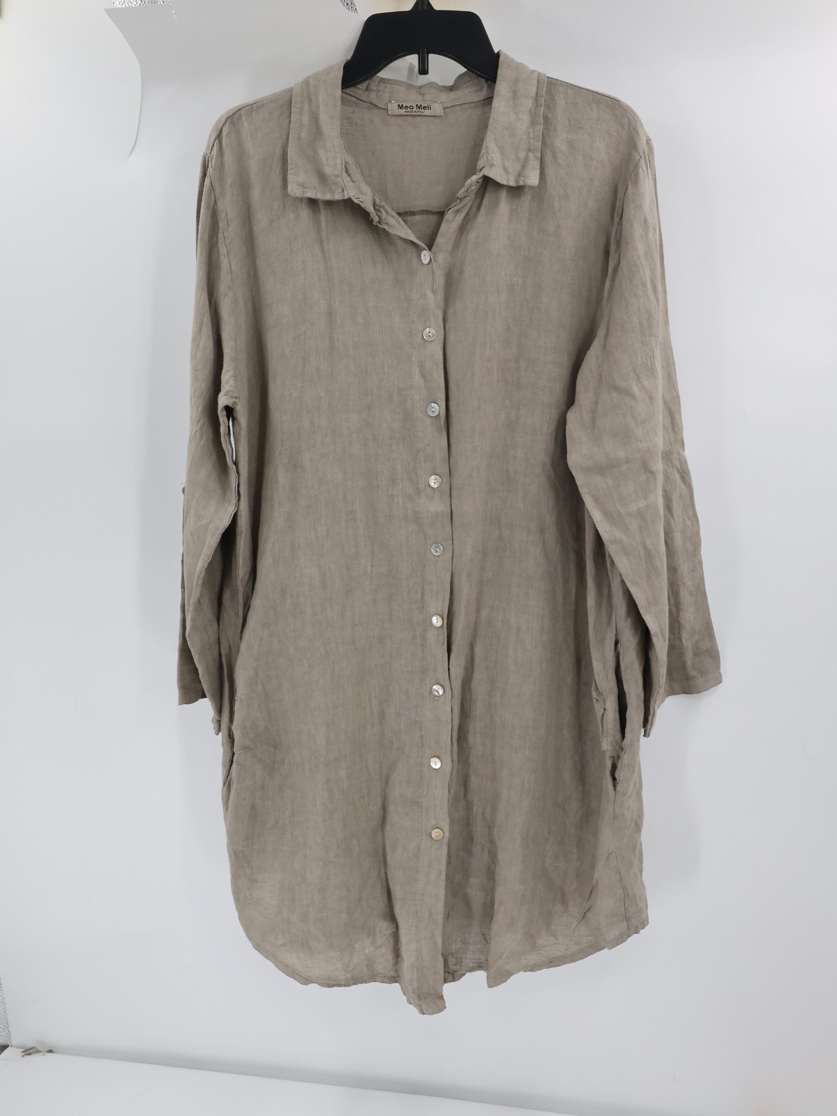 Meo Meli Shirt Dress Women One Size Linen Button Front Long Sleeve Casual collar