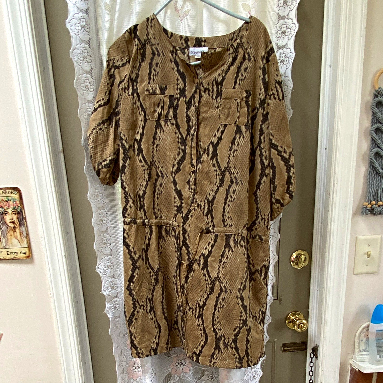 Reynah Womens L Brown/Black Snake Print Sheath Dress Pockets Button Front