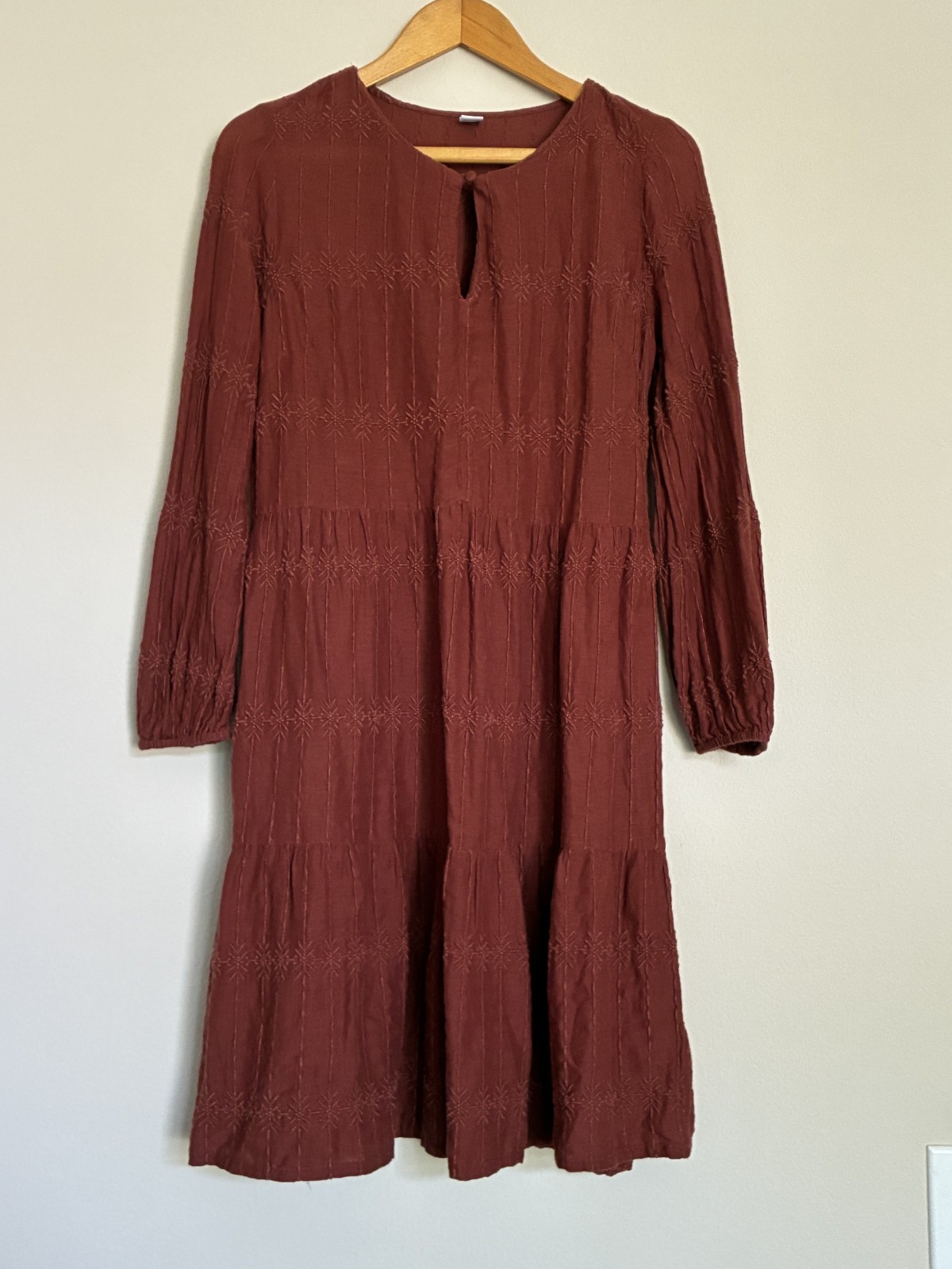 Old Navy Rust Brown Embroidered Tiered Boho Cottagecore Peasant Dress SMALL