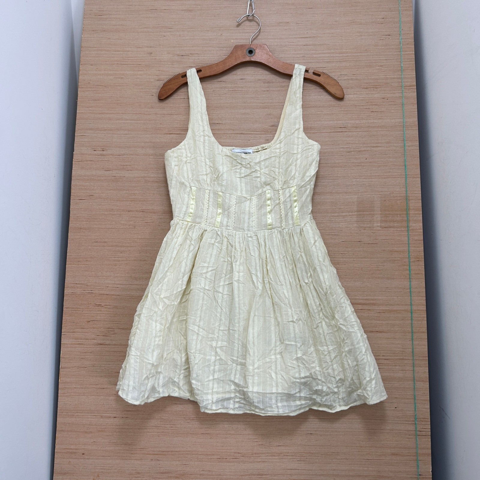 Princess Polly Yellow Striped Babydoll Mini Dress Lace Ribbon Trim US 4 EU 36