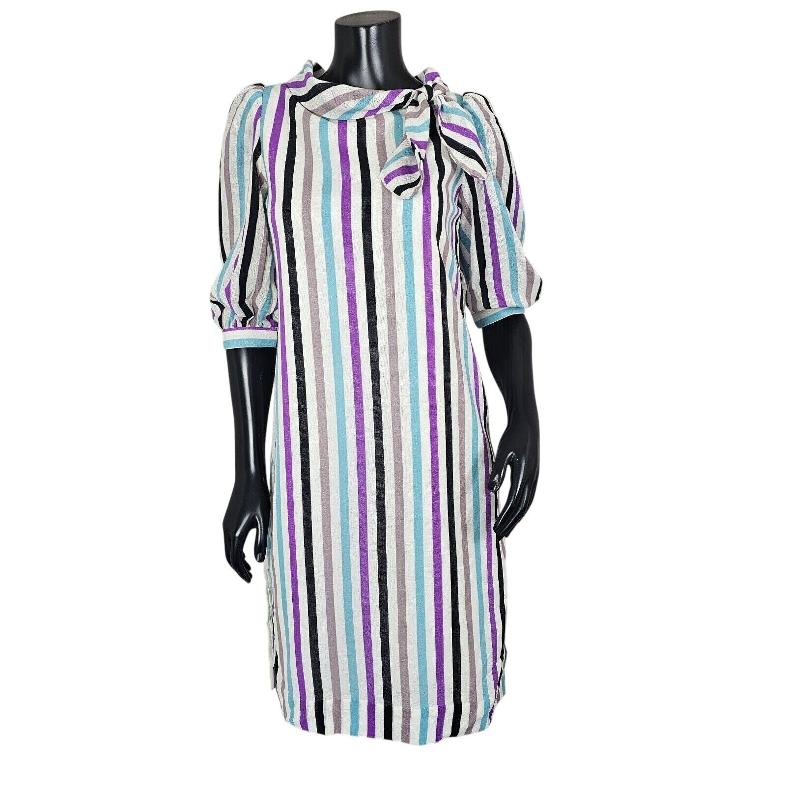Vintage Handmade Colorful Vertical Striped Linen Half Sleeve Shift Dress
