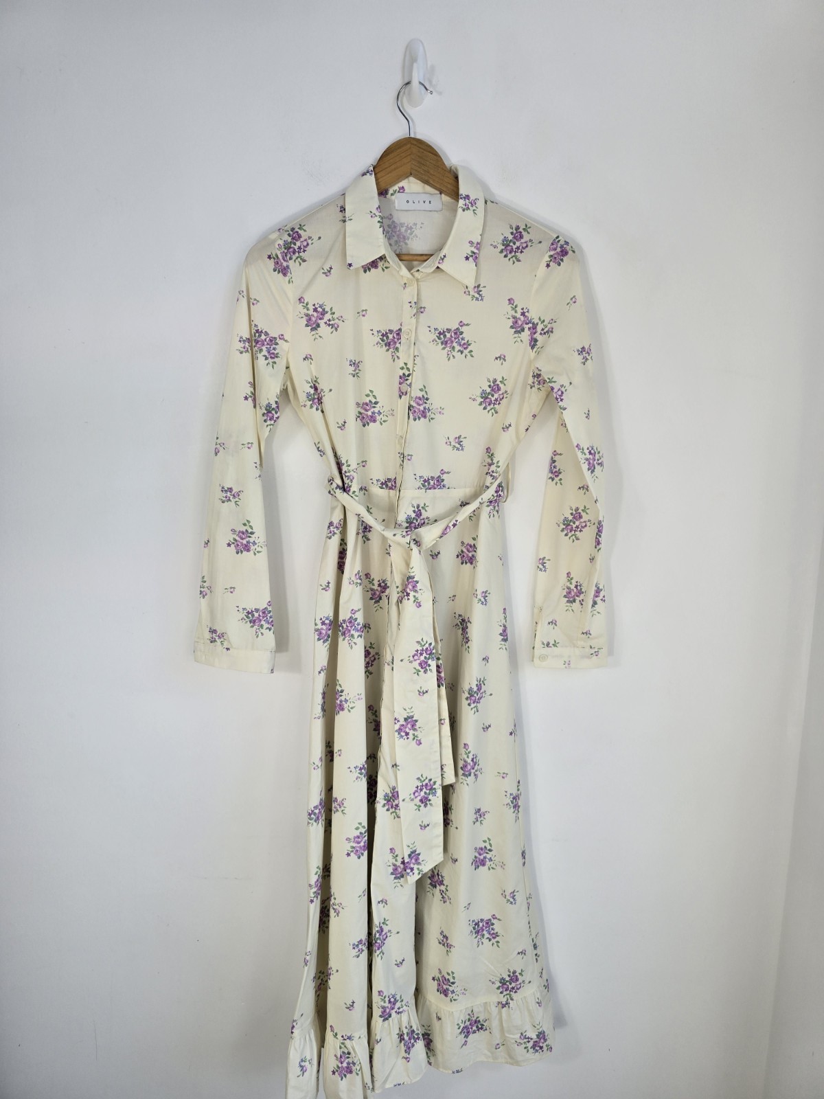 Olive Dress RRP £110 Size 8 Cream Lilac Floral Print Long Sleeve Maxi Shirt