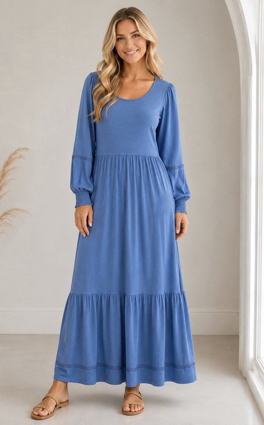 Canyon Retreat Womens Easy Midi Dress Size XL Tall Denim Blue Tiered Boho $60