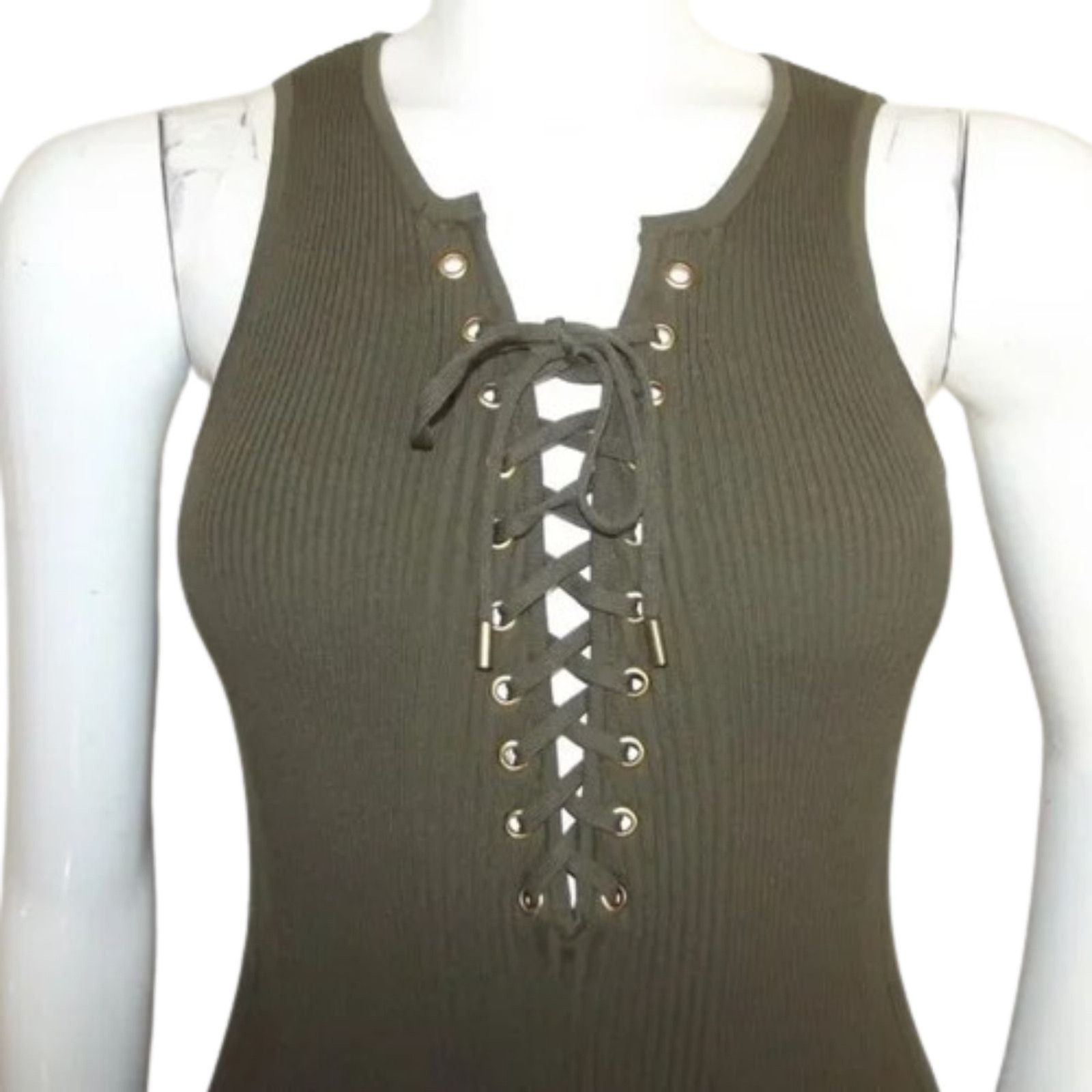 TORN BY RONNY KOBO Knit Dress, S, Olive Green, Ribbed/Textured, Lace-up neckline