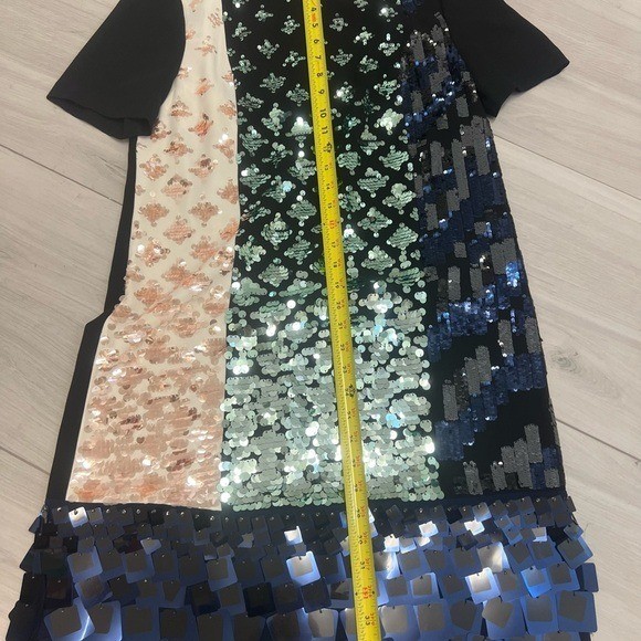 Tory Burch Retro Sequin Colorblock Shift Dress Black Cream Sz L Mob Wife Luxury