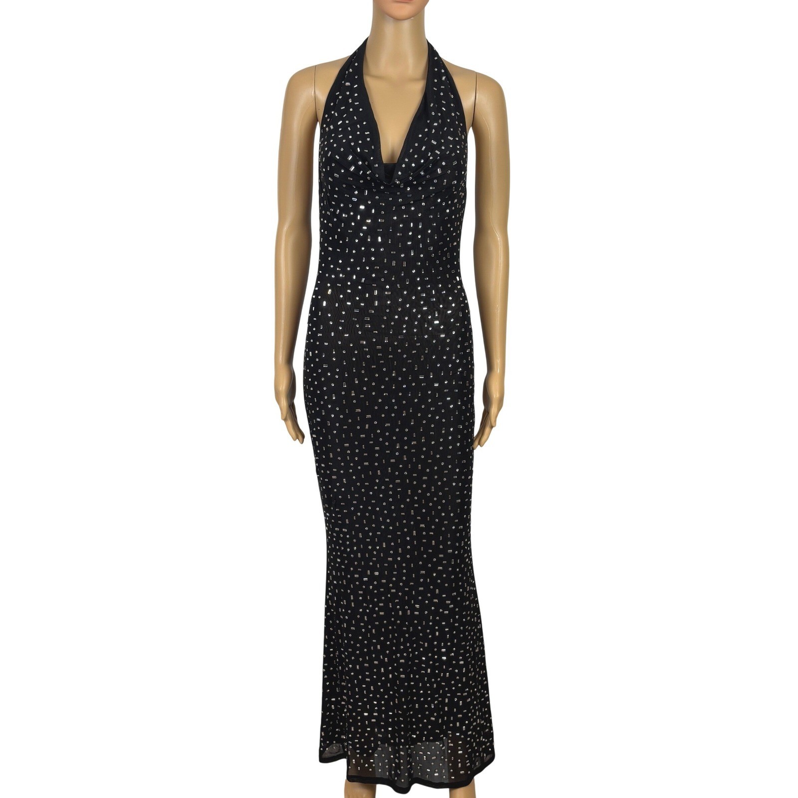 SHEIN Sheer Rhinestone Maxi Dress Womens 2 Black Halter Cowl Neck Mesh Glam Y2K