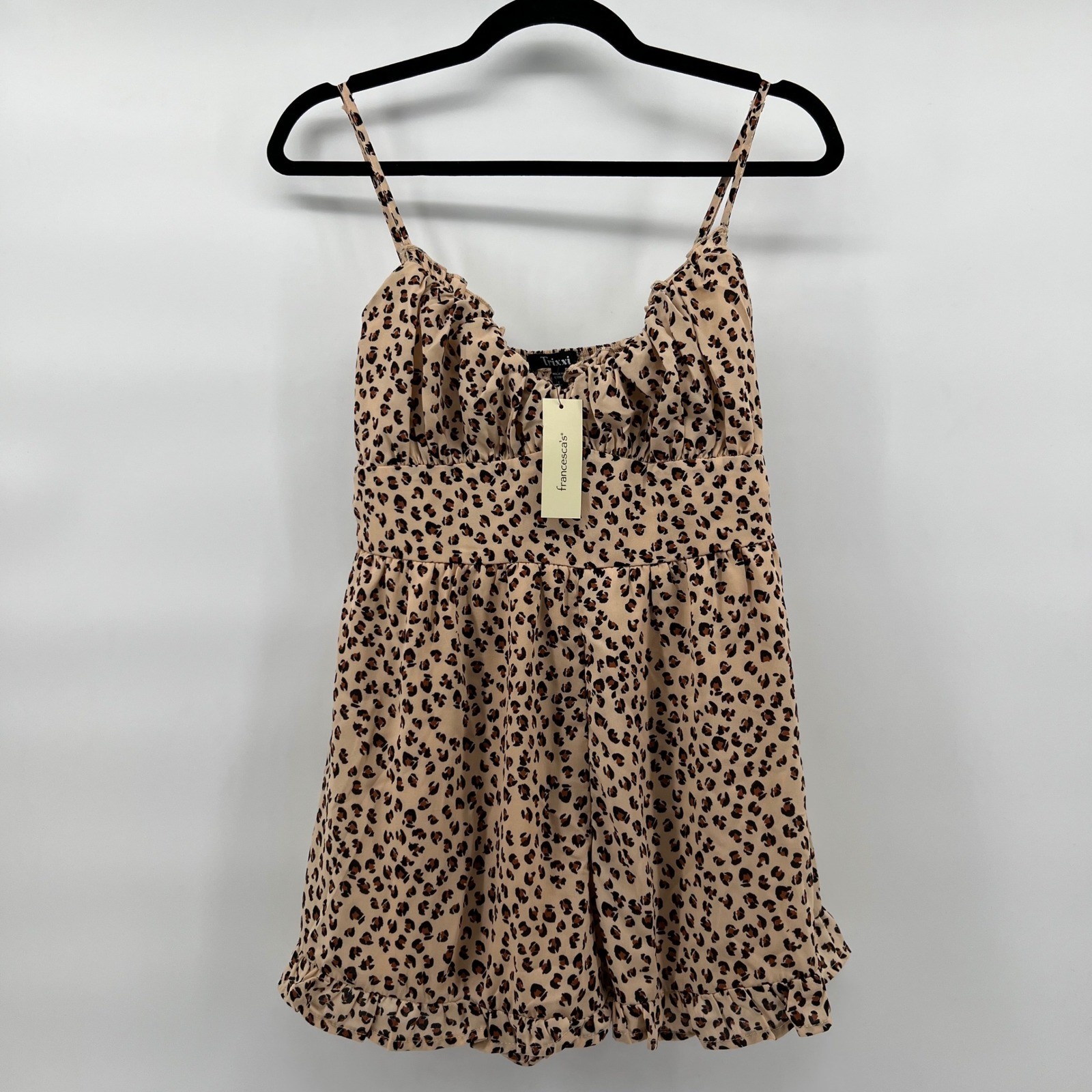 Trixxi Francesca’s Leopard Print Mini romper Dress Women’s Large Spaghetti Strap