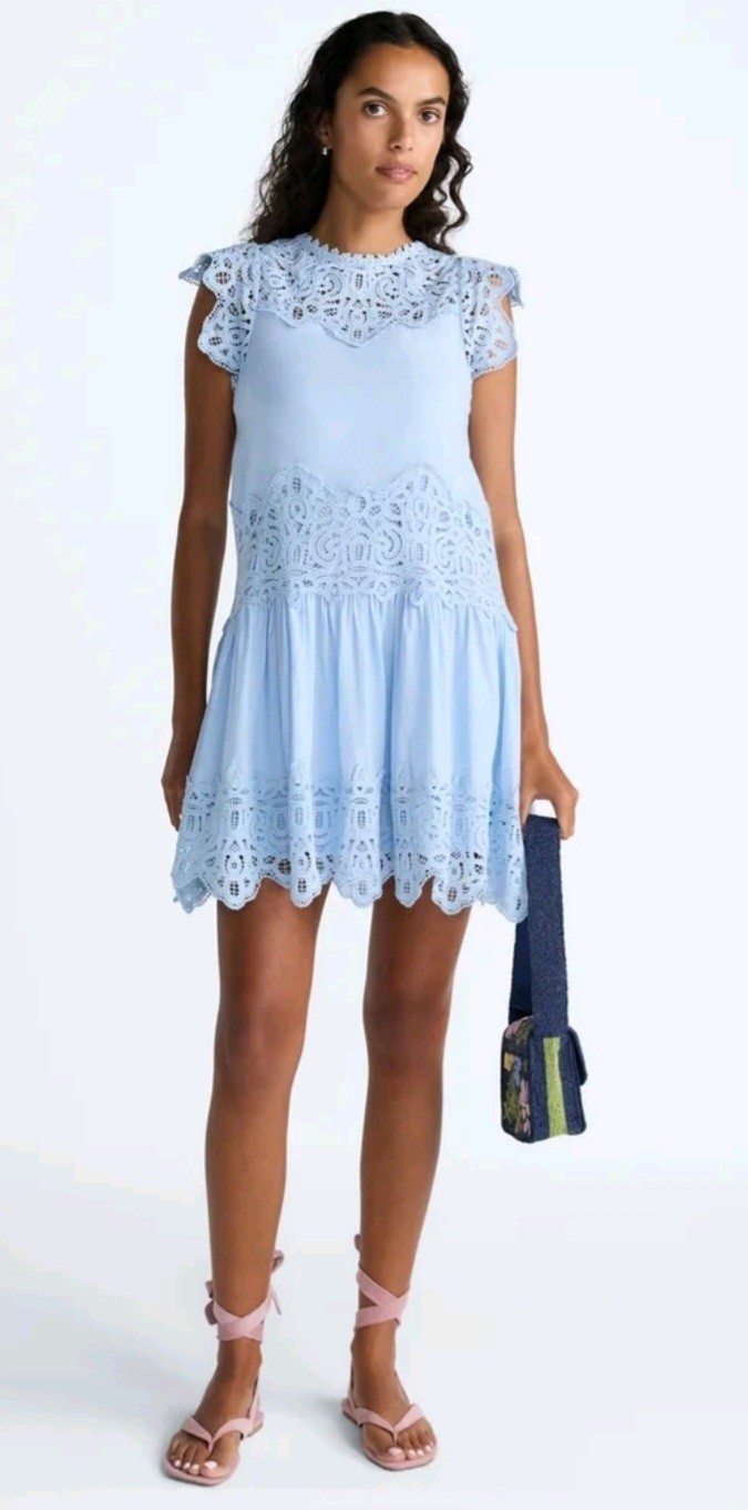 Scoop Mini Crochet Dress NWT L 12-14 Bashful Blue Cotton Blend Lace Trim