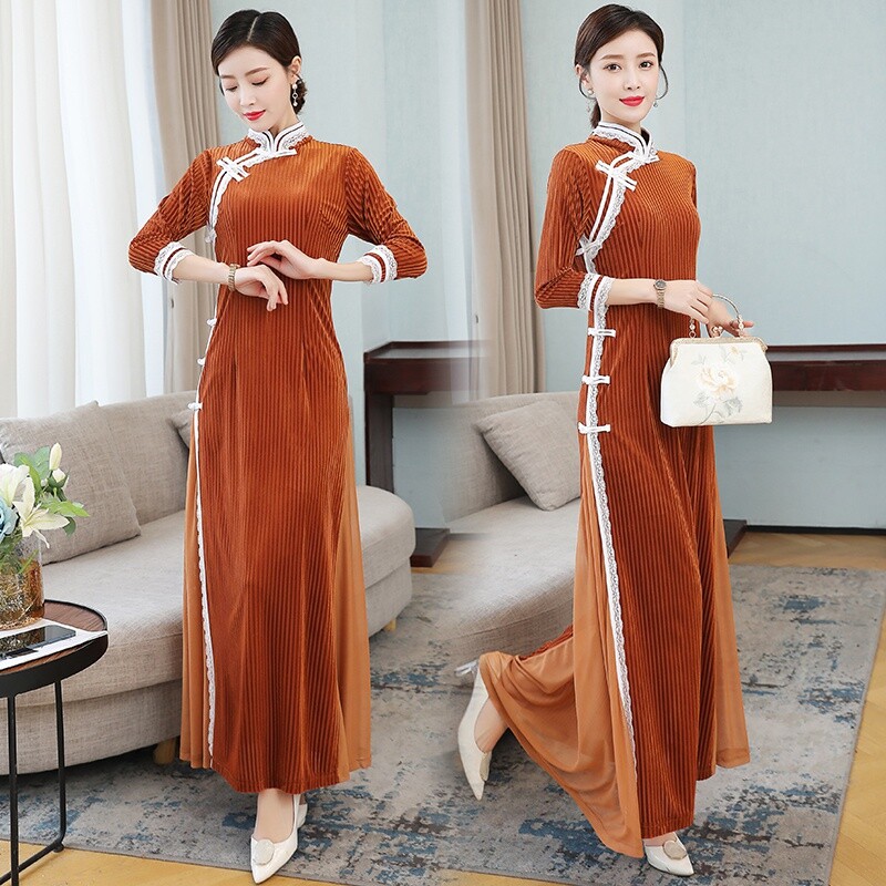 Lady Chinese Cheongsam Long Dress Maxi Velvet Lace Mandarin Collar Ethnic Dress