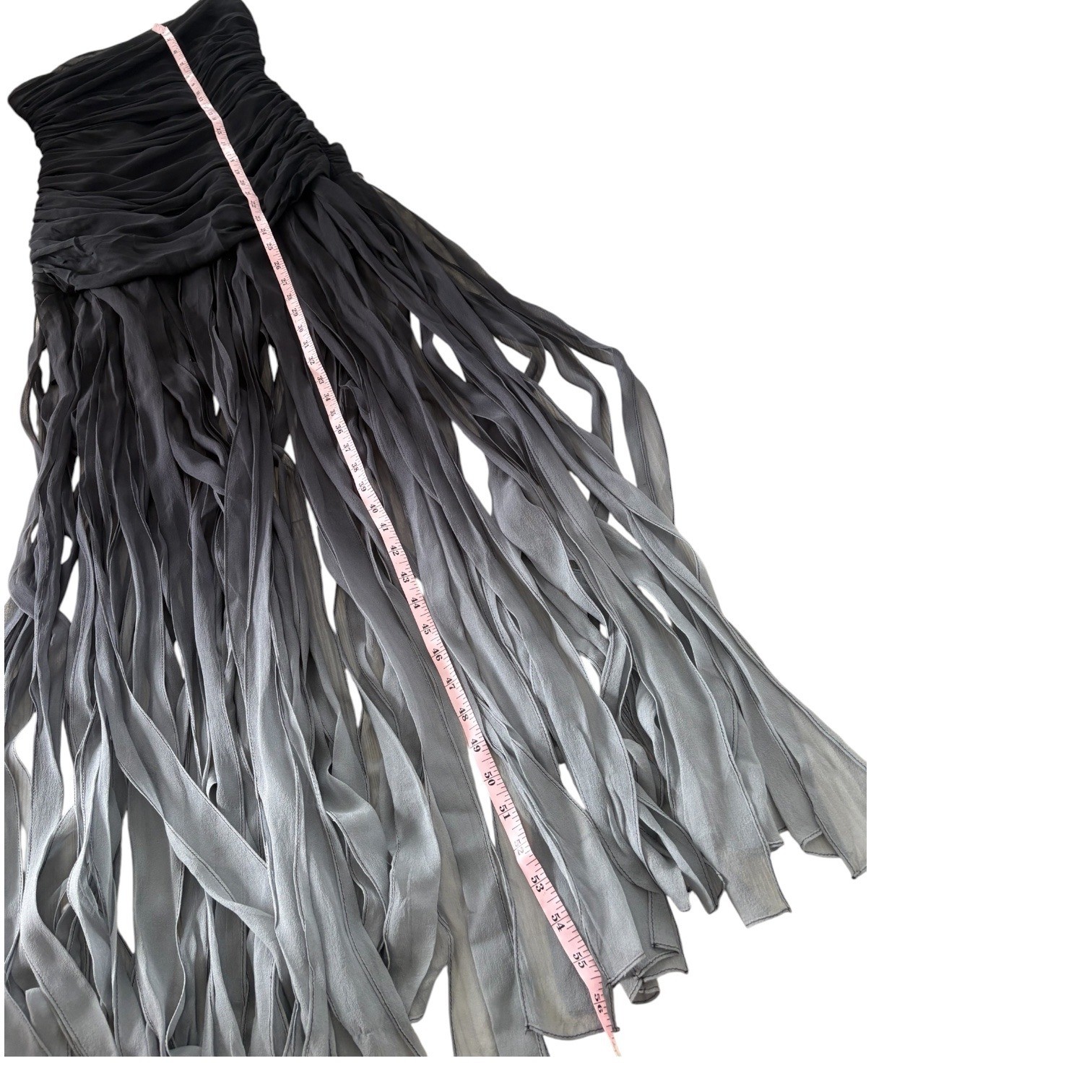BCBGMAXAZRIA Strapless Silk Ruched Ombre Fringe Maxi Dress 8 Old Hollywood