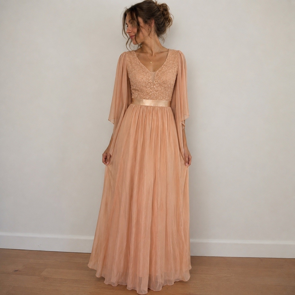 Miusol Champagne Pink Lace Sequin Maxi Dress Angel Sleeve Medium Fairycore