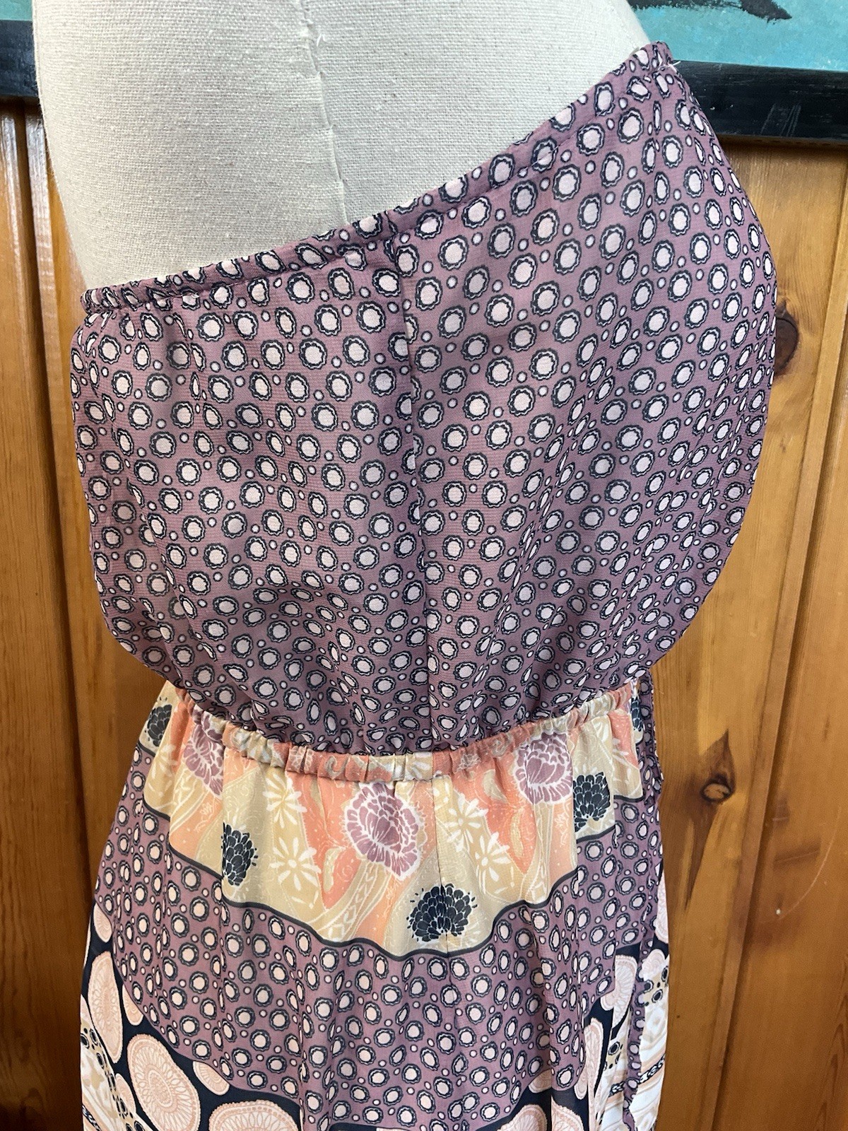 Medium Strapless Dress Purple Tan Paisley Boho Pattern Light Navy Blue Stripe
