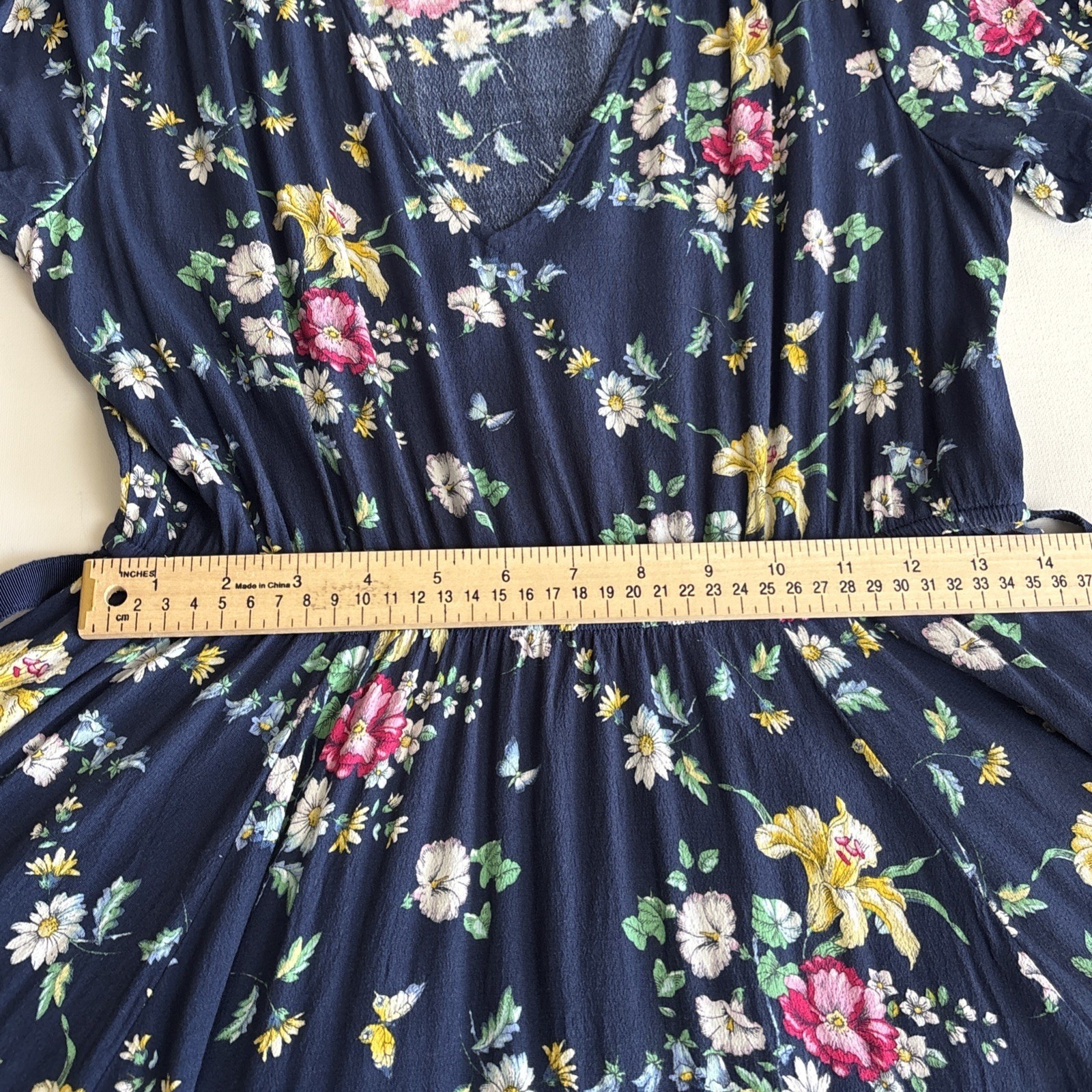 GAP Womens Navy Floral Butterfly V-Neck Midi Dress Short Sleeve Tie Detail M