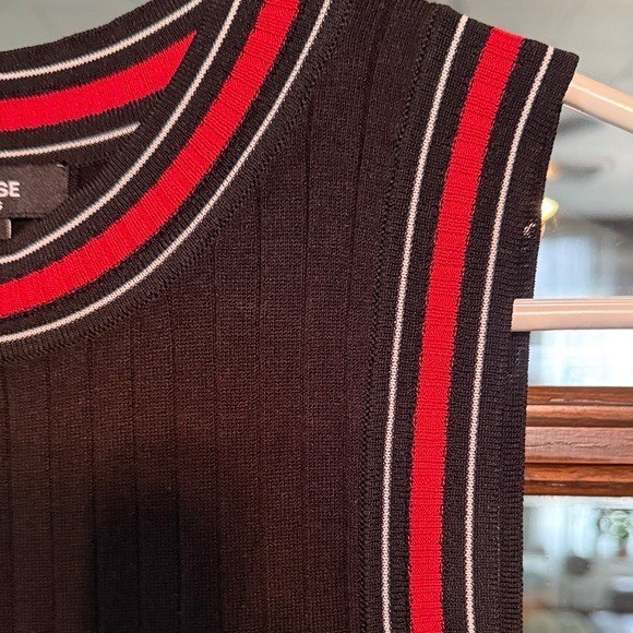 Premise Womens Black Ribbed Sleeveless Varsity Stripe Trim Sweater Dress Small