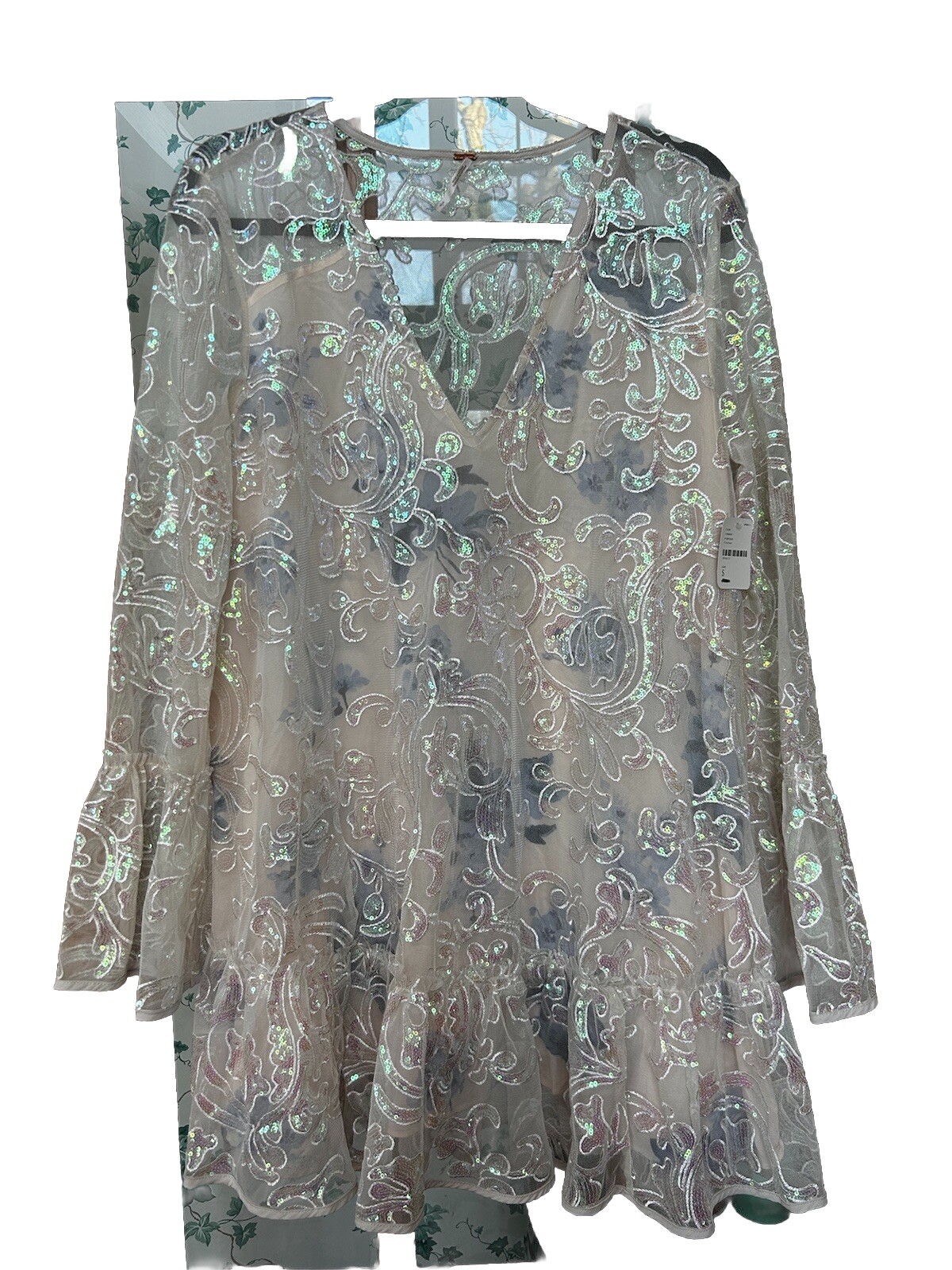 FREE PEOPLE Falling Flowers Frock NWT Cream Pink Sequin Mesh Satin Mini Dress S