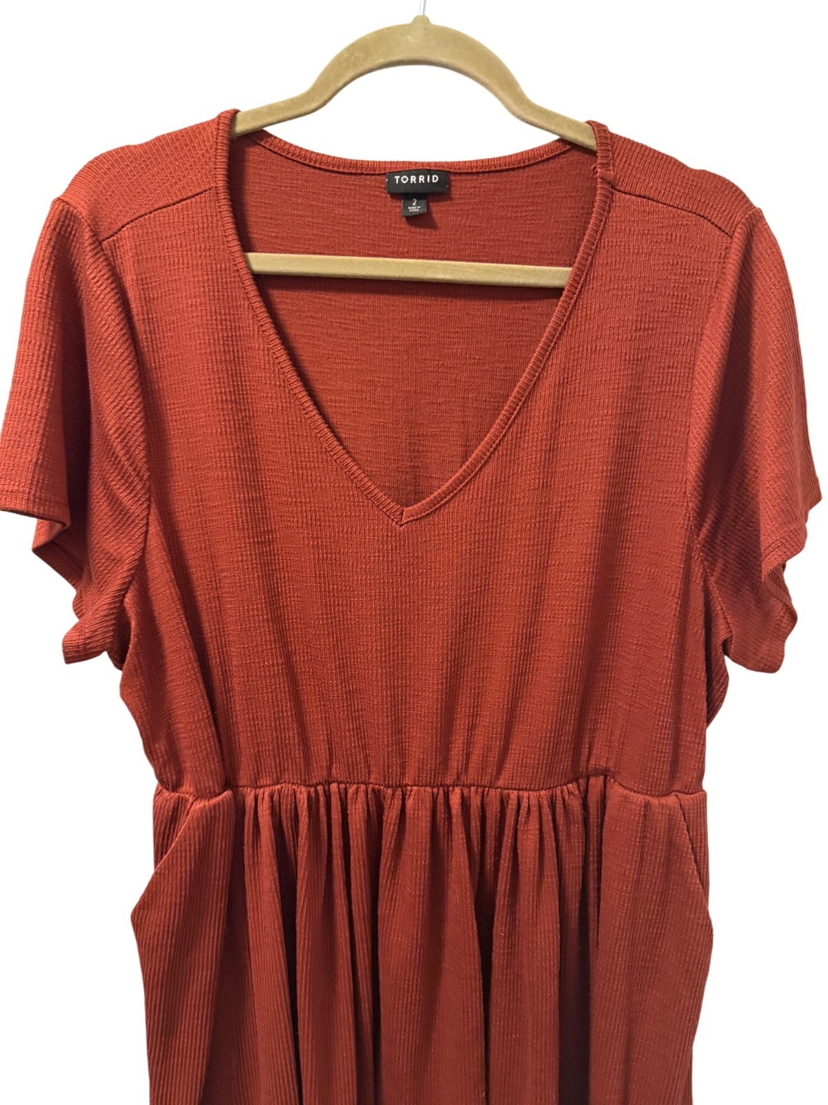 Torrid Rust Orange Ribbed V-Neck Dress Size 2X Short Sleeve Casual Dress