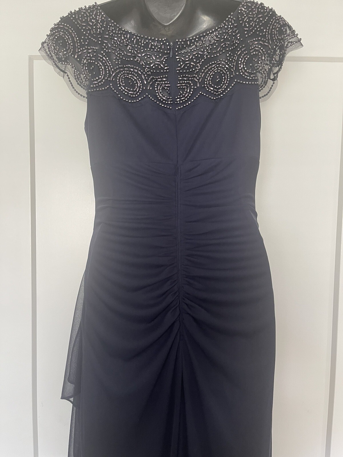 xscape Beaded Yoke, Cap Sleeve, Round Neck, Ruched Cascade Ruffle Side Gown