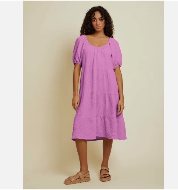Nation LTD Mindy Peasant Tiered Midi Dress Size Large Gauze Crinkle Pink