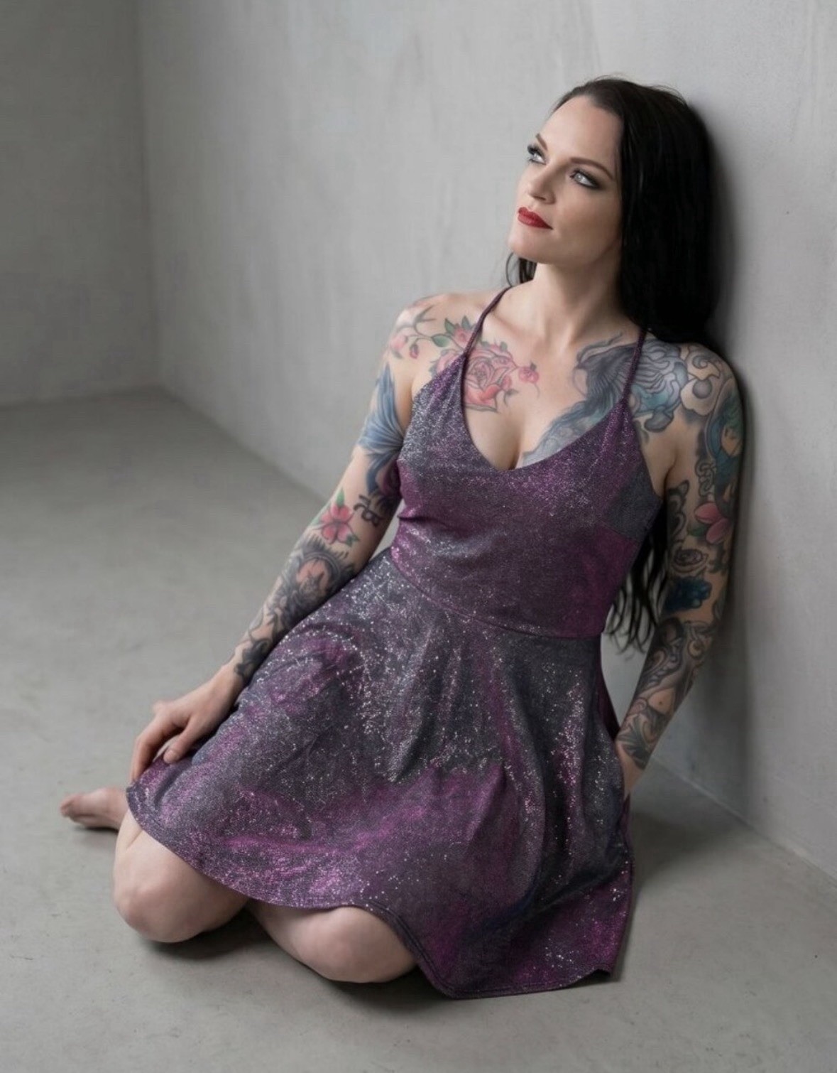 Windsor ✦ Glitter Mini Dress ✦ Purple Criss-Cross Stray Backs Pockets Size S NWT