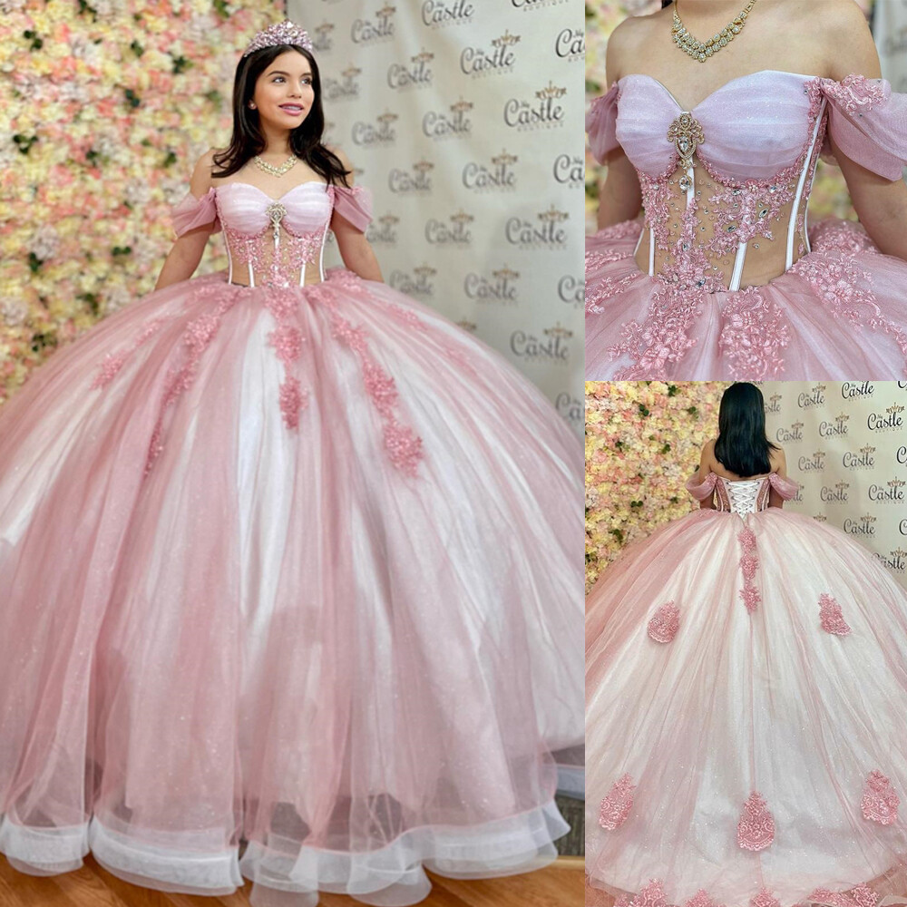 Blush Off Shoulder Sheer Corset 3D Floral Quinceanera Ball Gown Sweet 16 Dress