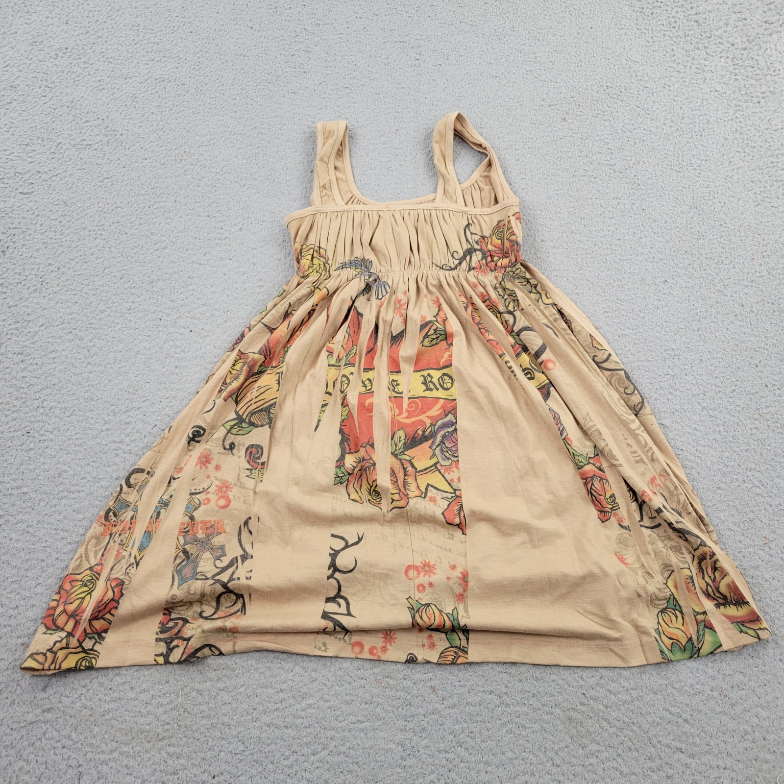 Press Apparel Dress Womens Medium Beige Square Neck Love Rose Graphic Sleeveless